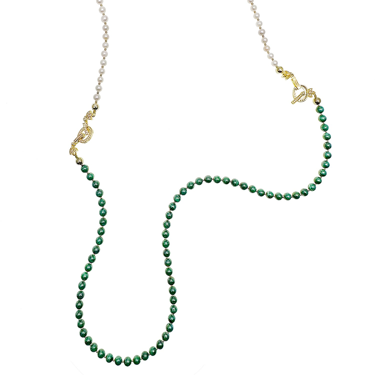 Farra Women's Green / White Round Malachite With Freshwater Pearls Convertible Necklace