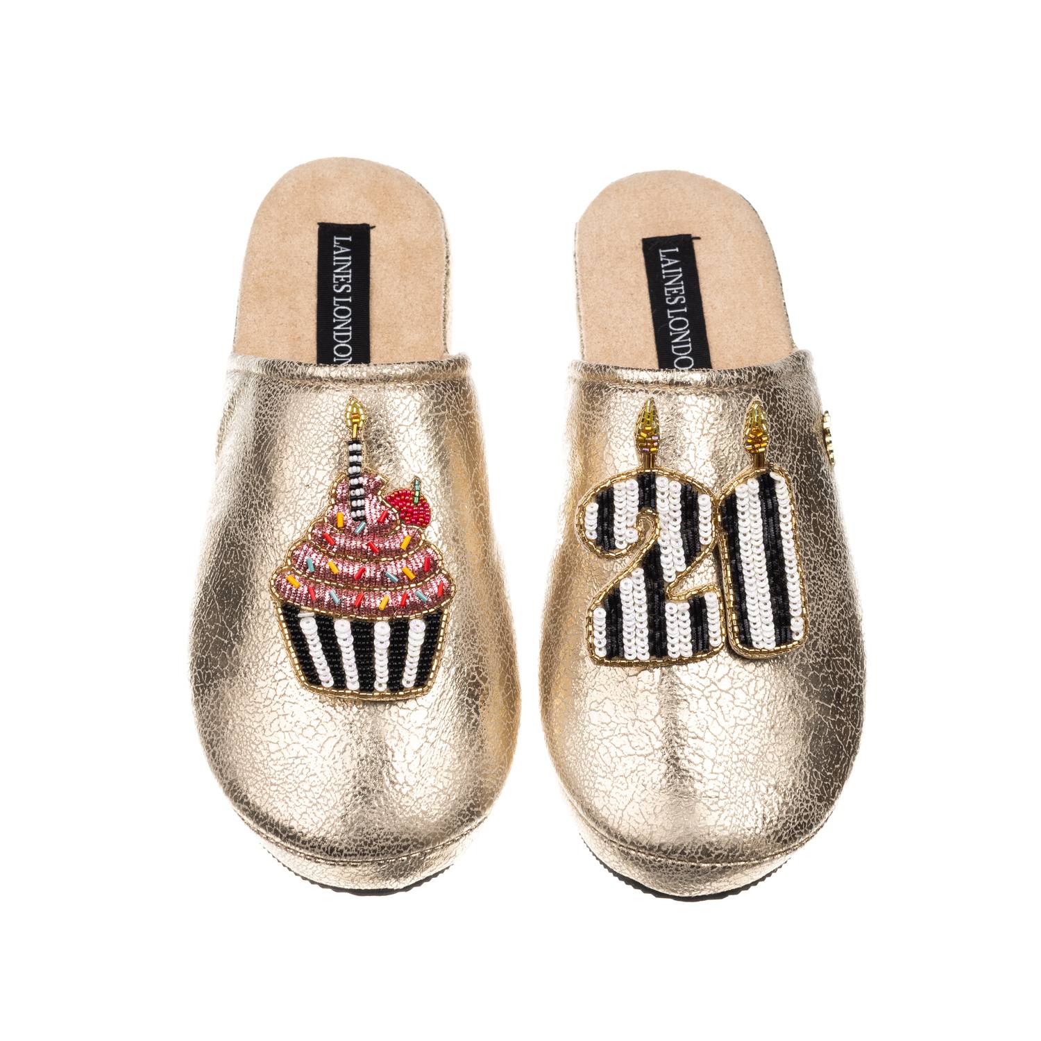 Laines London Women's Laines Gold Softie Slippers With Stripe 21st Birthday & Cake Brooches In Gold