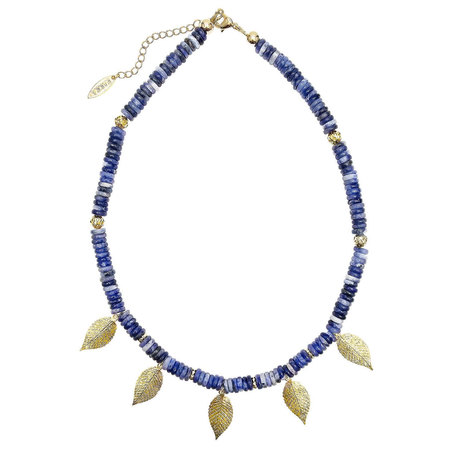 Farra Women's Blue Bohemian Style Sodalite With Leaves Charms Statement Necklace