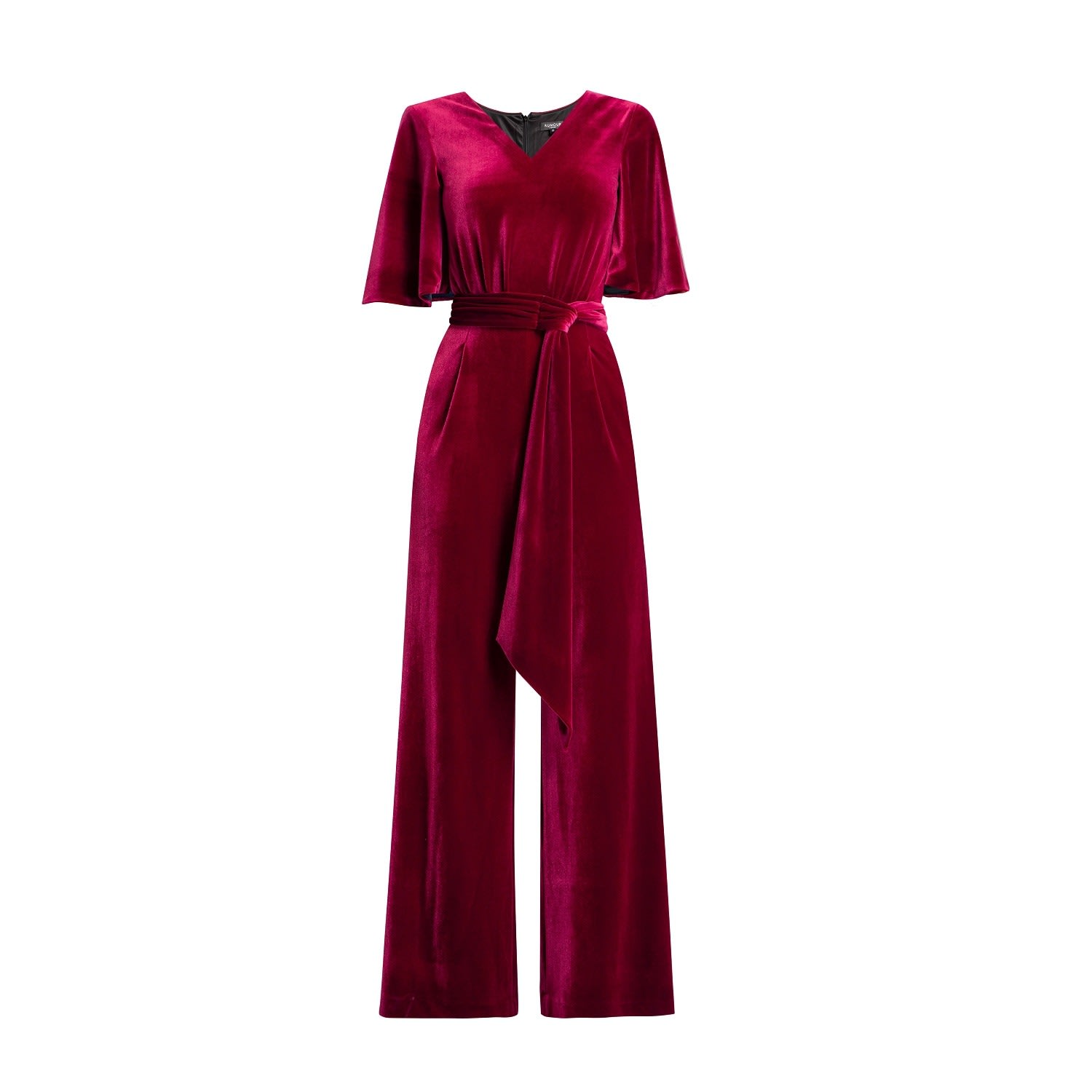 Rumour London Women's Red Layla Velvet Jumpsuit With Bell Sleeves & Sash In Burgundy In Red
