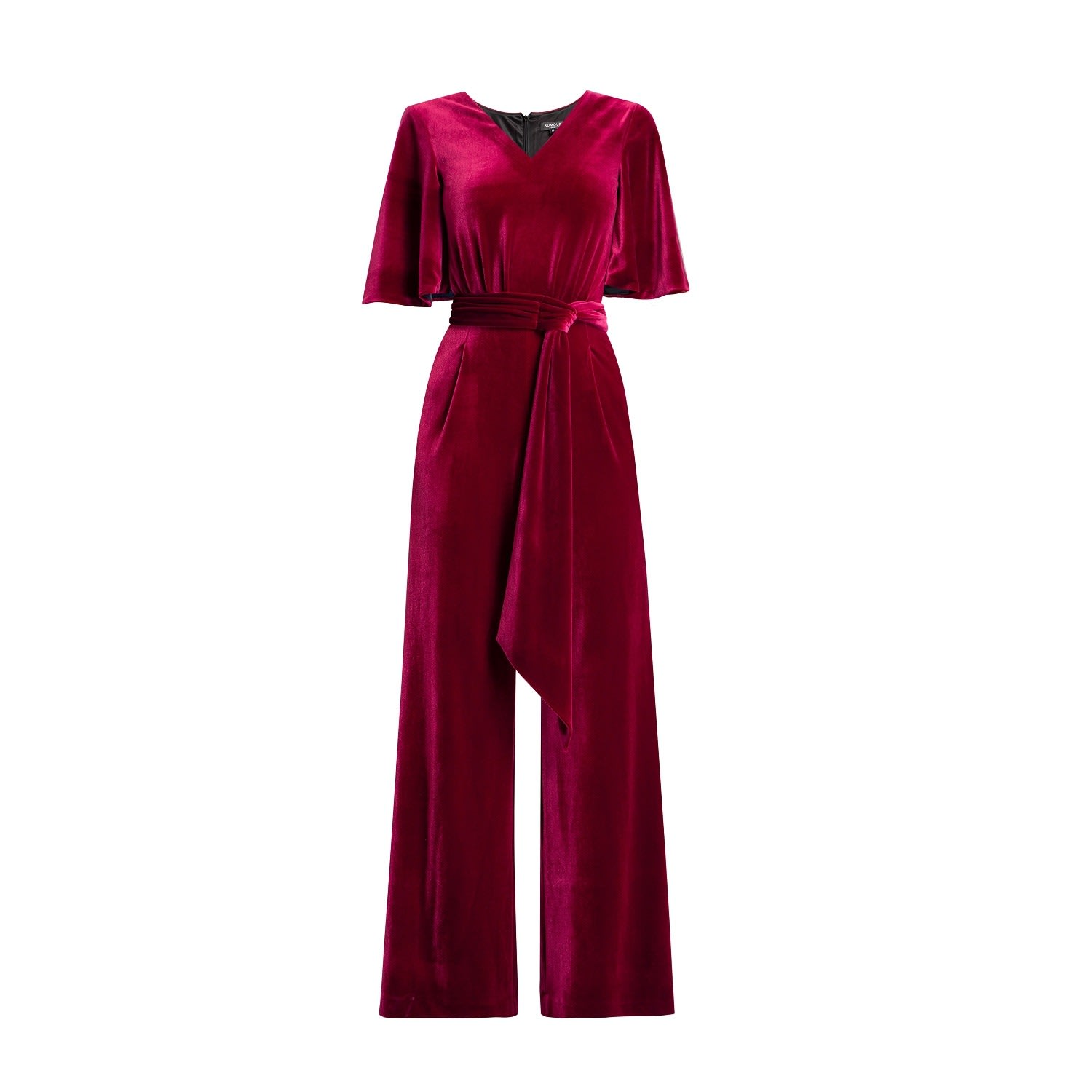 Women’s Red Layla Velvet Jumpsuit With Bell Sleeves & Sash In Burgundy Medium Rumour London