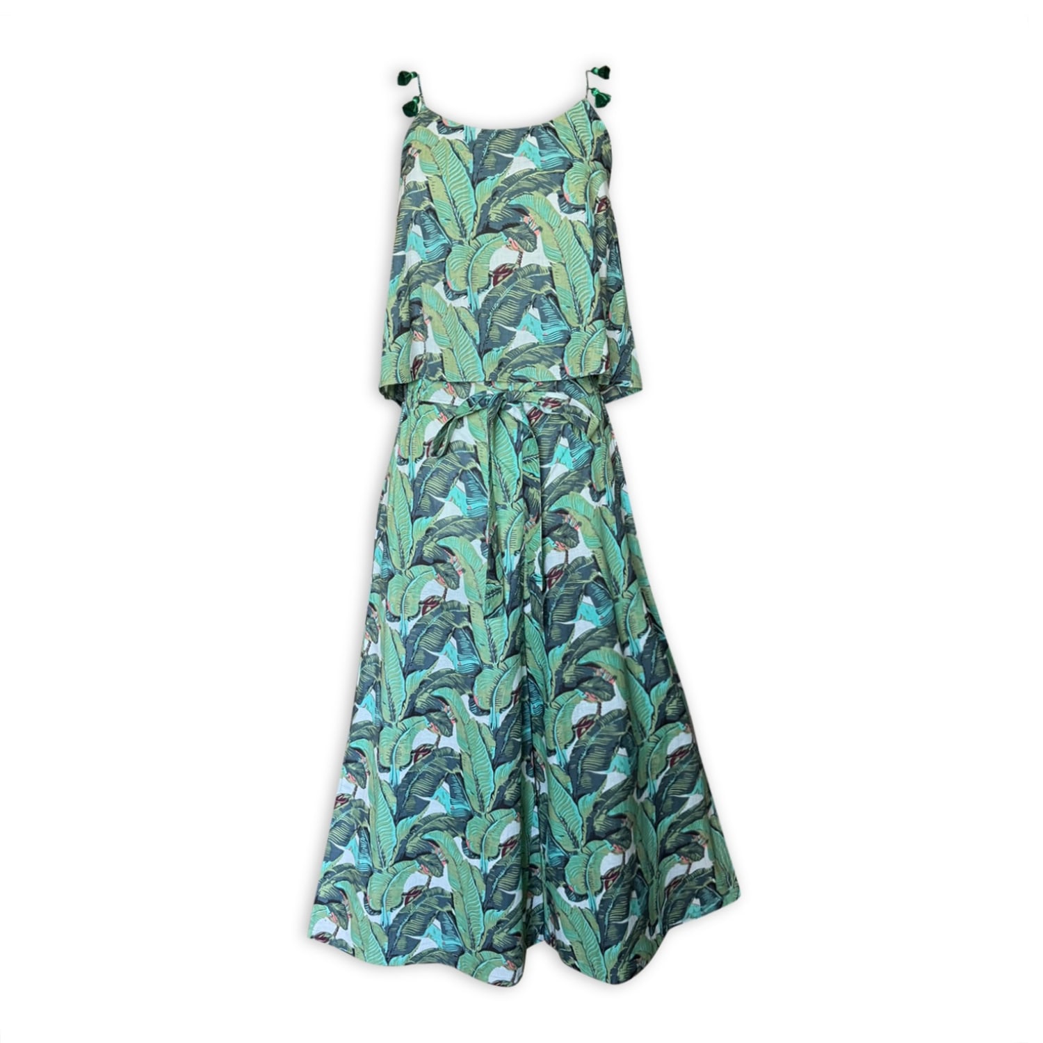 Pick Happy Green Matching Set Cotton Wide Pant & Little Top With Silk Tassels In Green