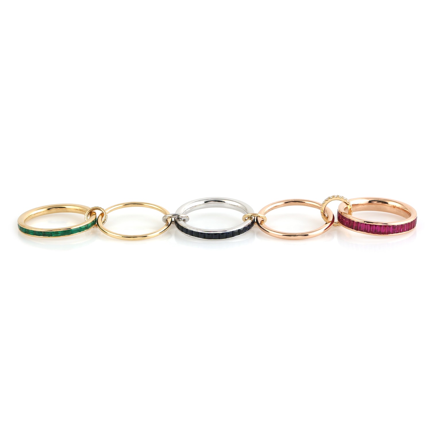 Women’s Gold / White Baguette Ruby & Sapphire With Emerald Diamond Plain Multiple Linked Ring In 18K Gold Artisan