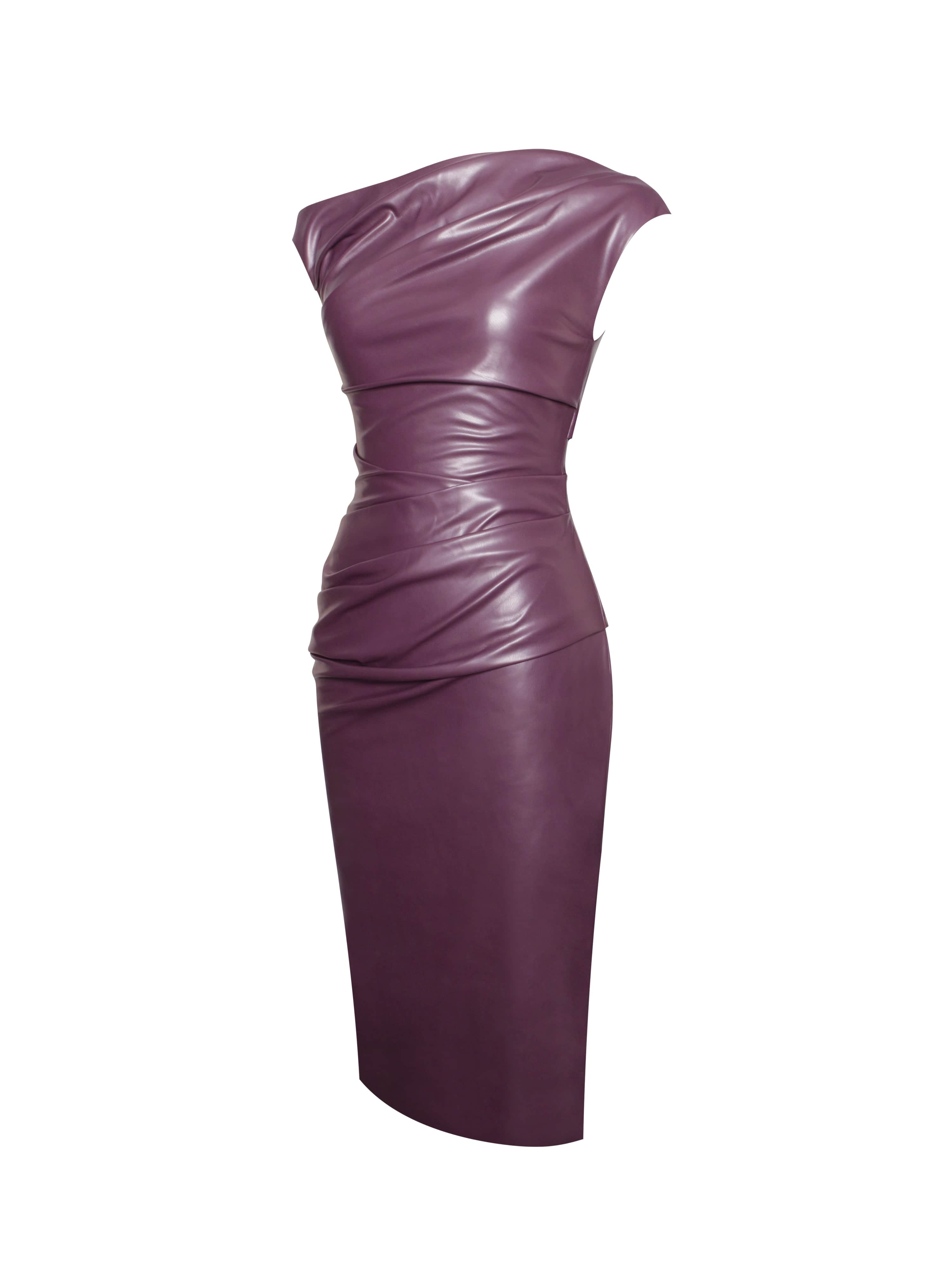 Sabina Purple Leather Slash Neck Midi Dress by Miss Circle New York