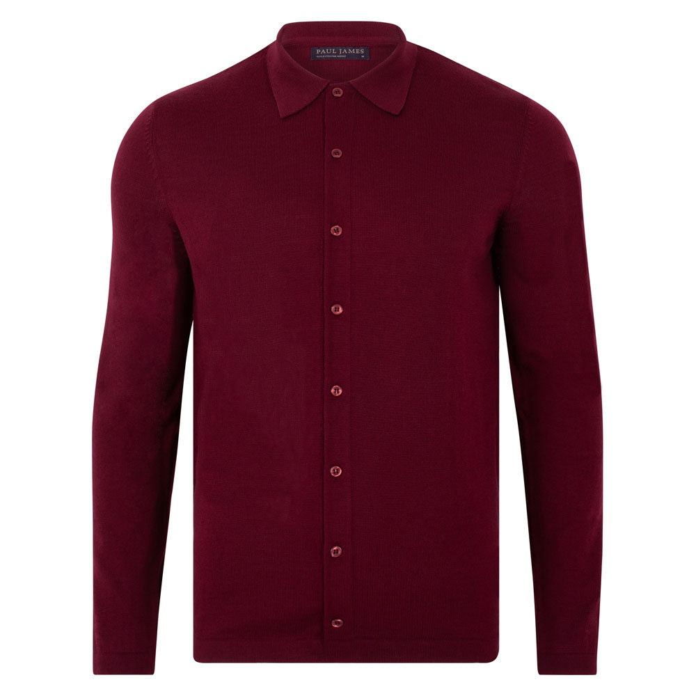 Red Mens Lightweight Extra Fine Merino Long Sleeve Aiden Shirt - Rioja Large Paul James Knitwear