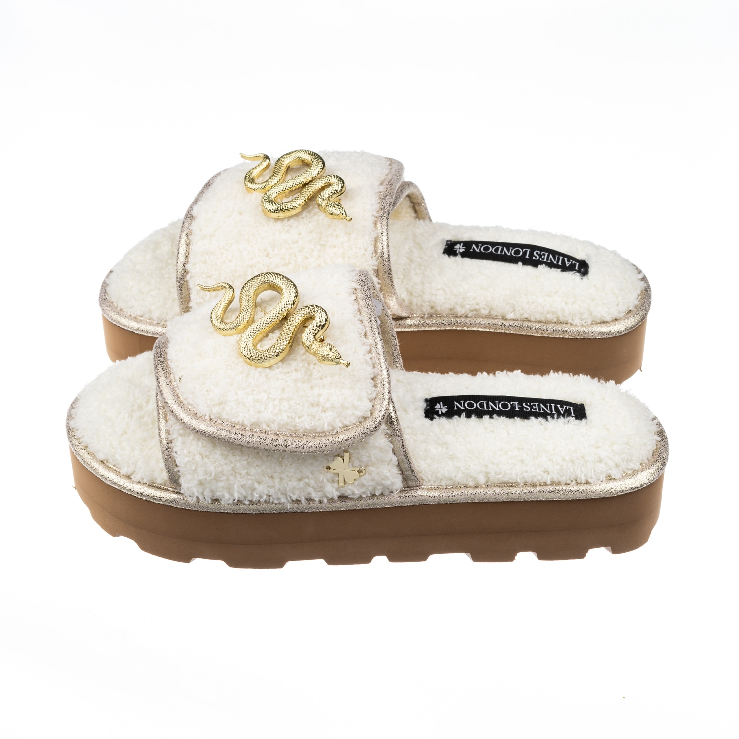 Women’s White Terry Towelling Flatform Sliders With Gold Metal Snake Brooches - Cream Medium Laines London