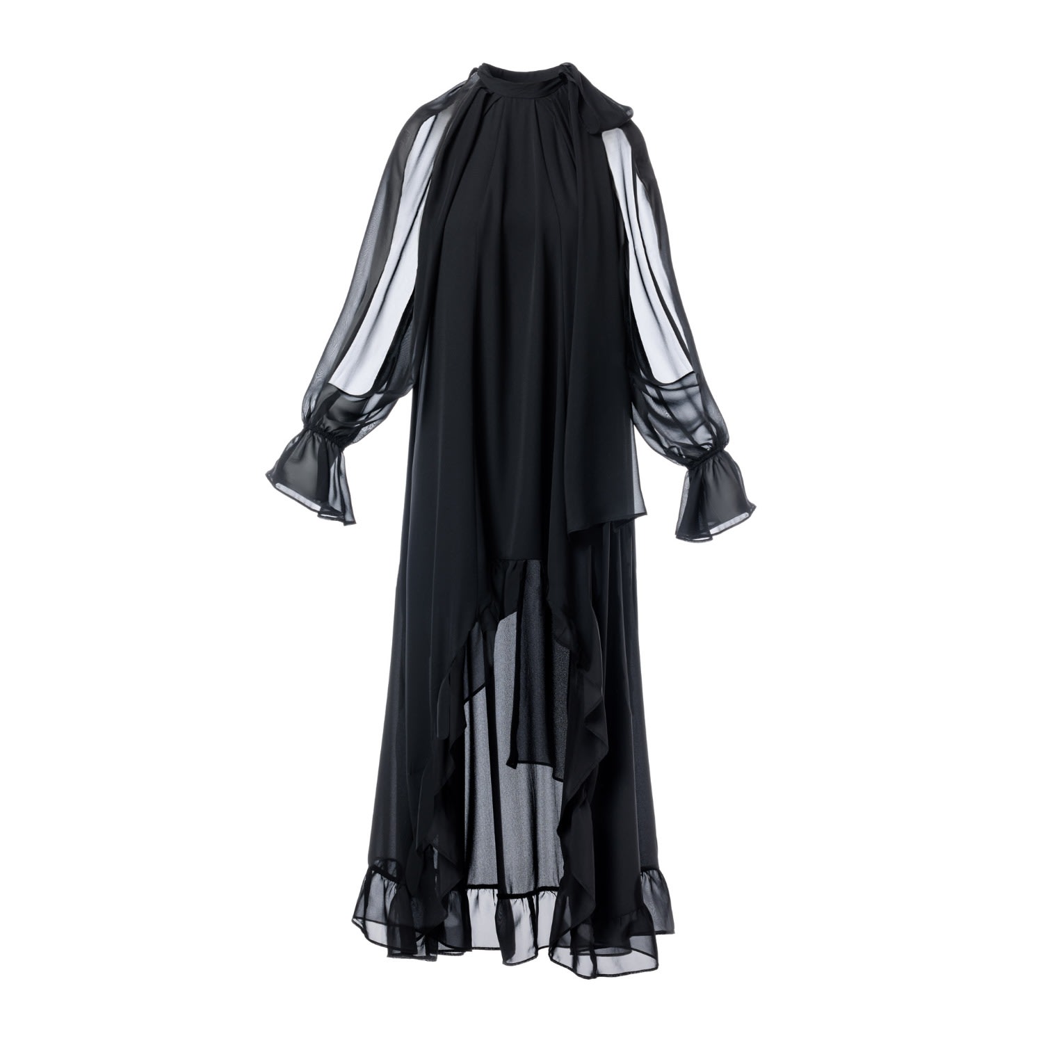 Concept A Trois Women's Black Long Dress With Split Bell Sleeves And A Slight Train In Black