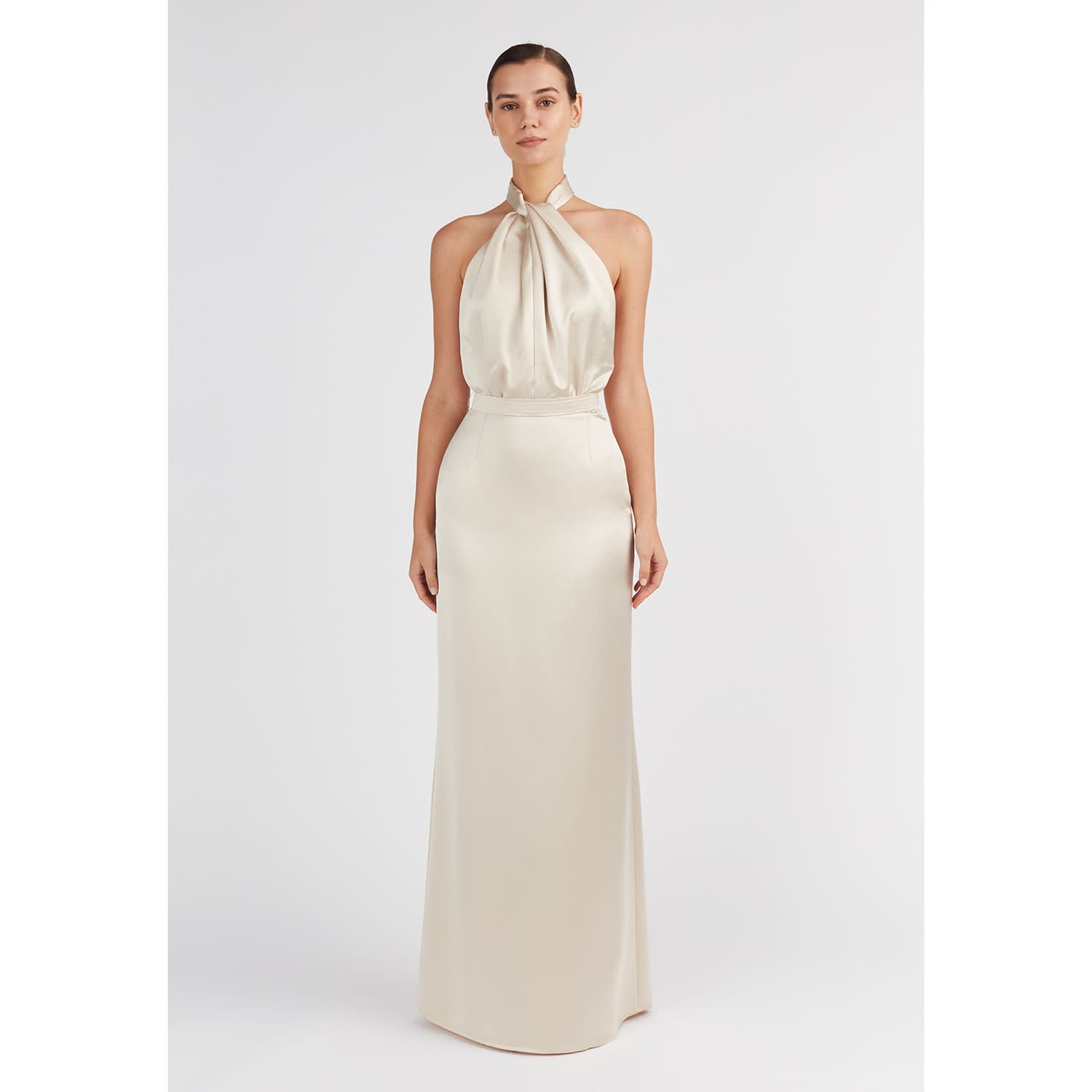【SCULPTOR】Unbalance Cowl Satin Dress Pale Beige Sally Dress - Pearl – NICHOLAS