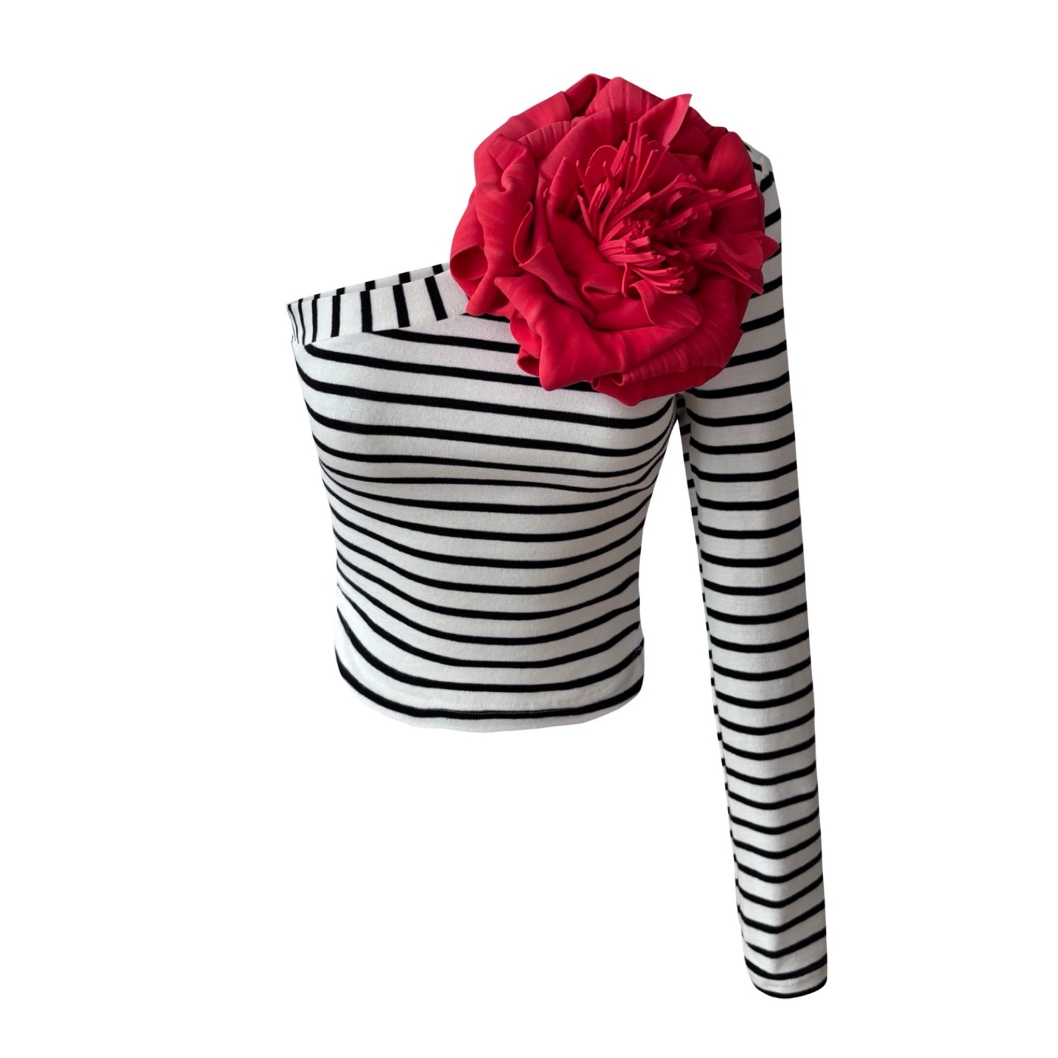 Striped One Sleeve Top With Red Flower Pin | London Atelier
