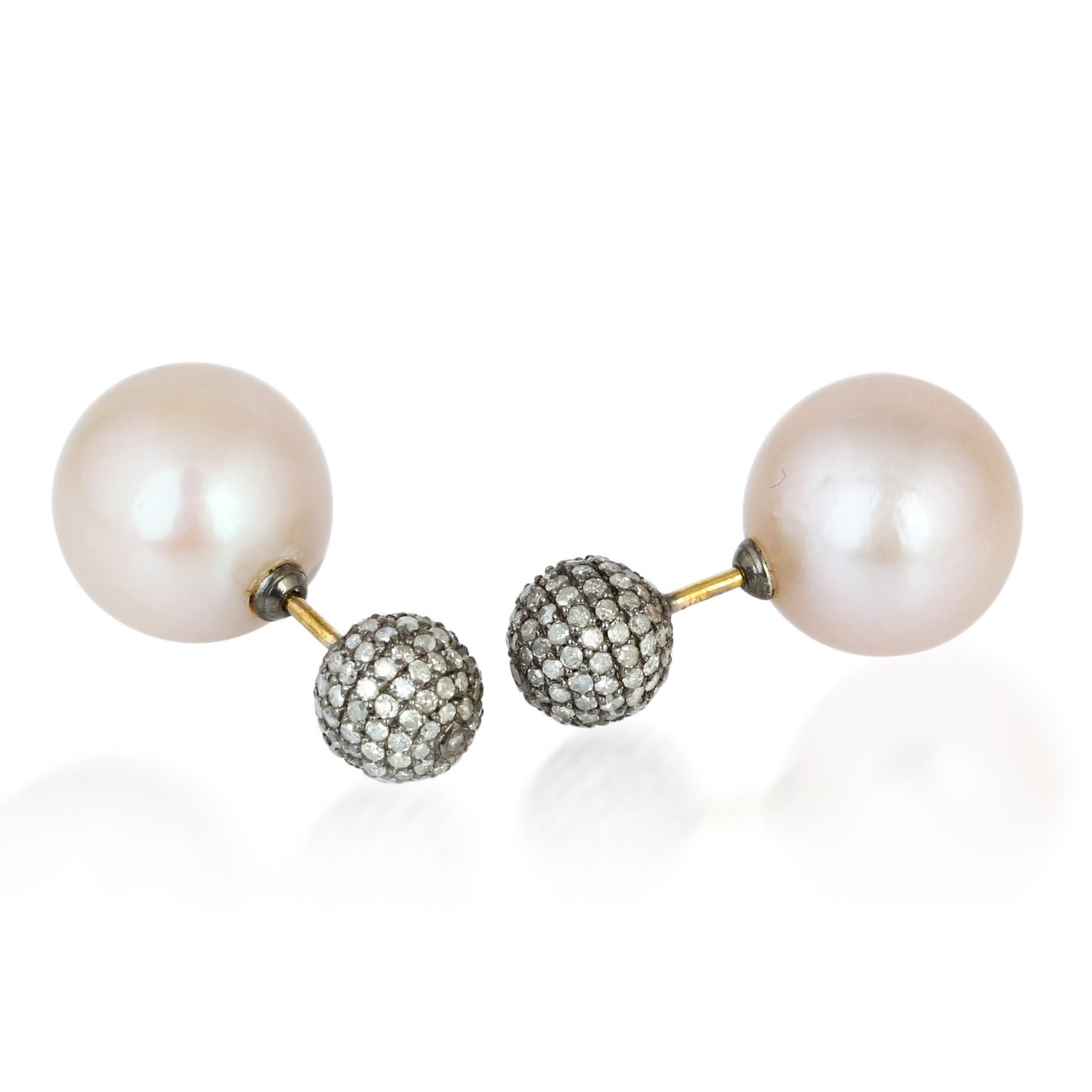 Women’s Gold / White / Silver Double Side Earrings 18K Gold Natural Diamond Silver Pearl Handmade Jewelry Artisan