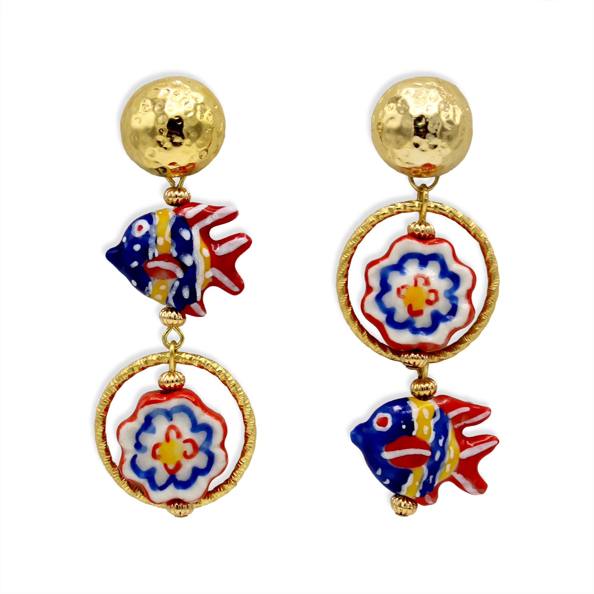 Midnight Foxes Studio Women's Red / Gold / Blue Red, Blue & Yellow Fish Earrings In Red/gold/blue