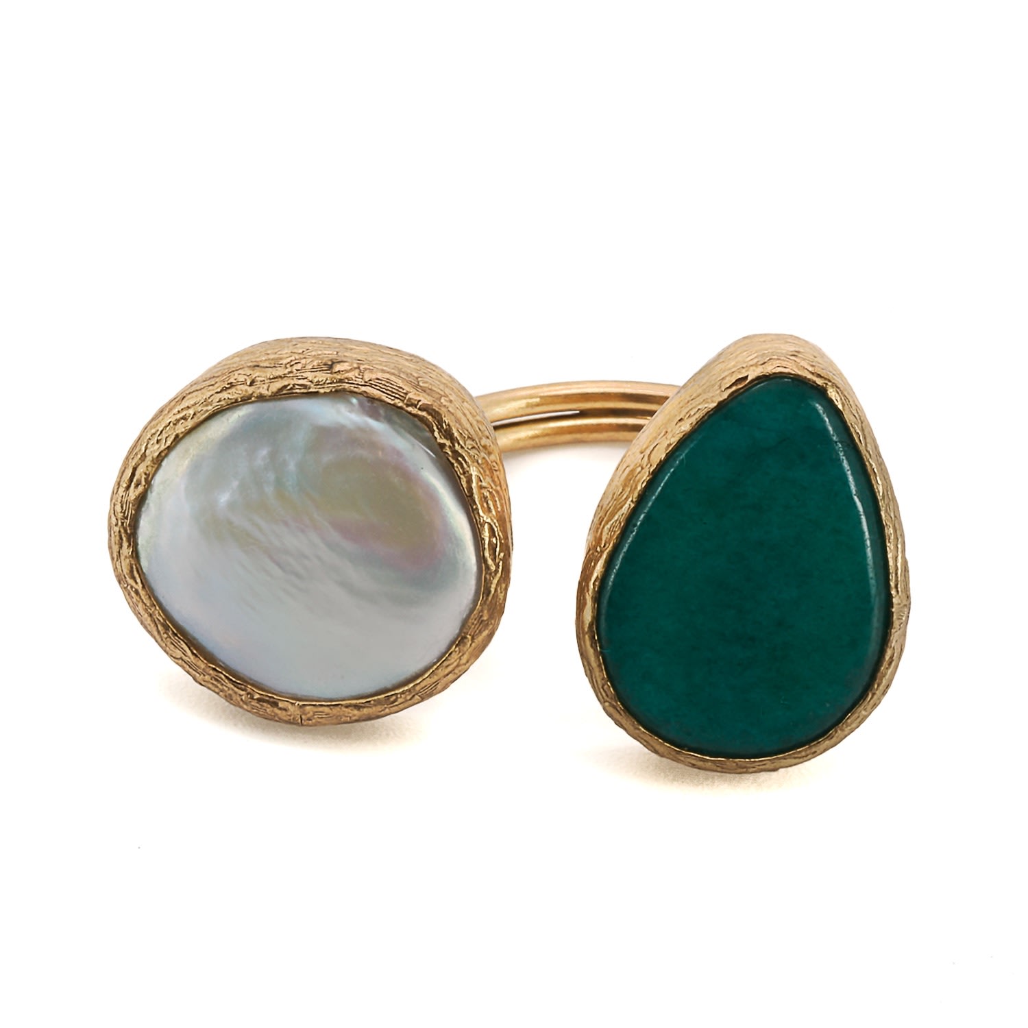 Women’s White / Gold / Green Double Gemstone Pearl & Jade Gaia Ring - Green Ebru Jewelry