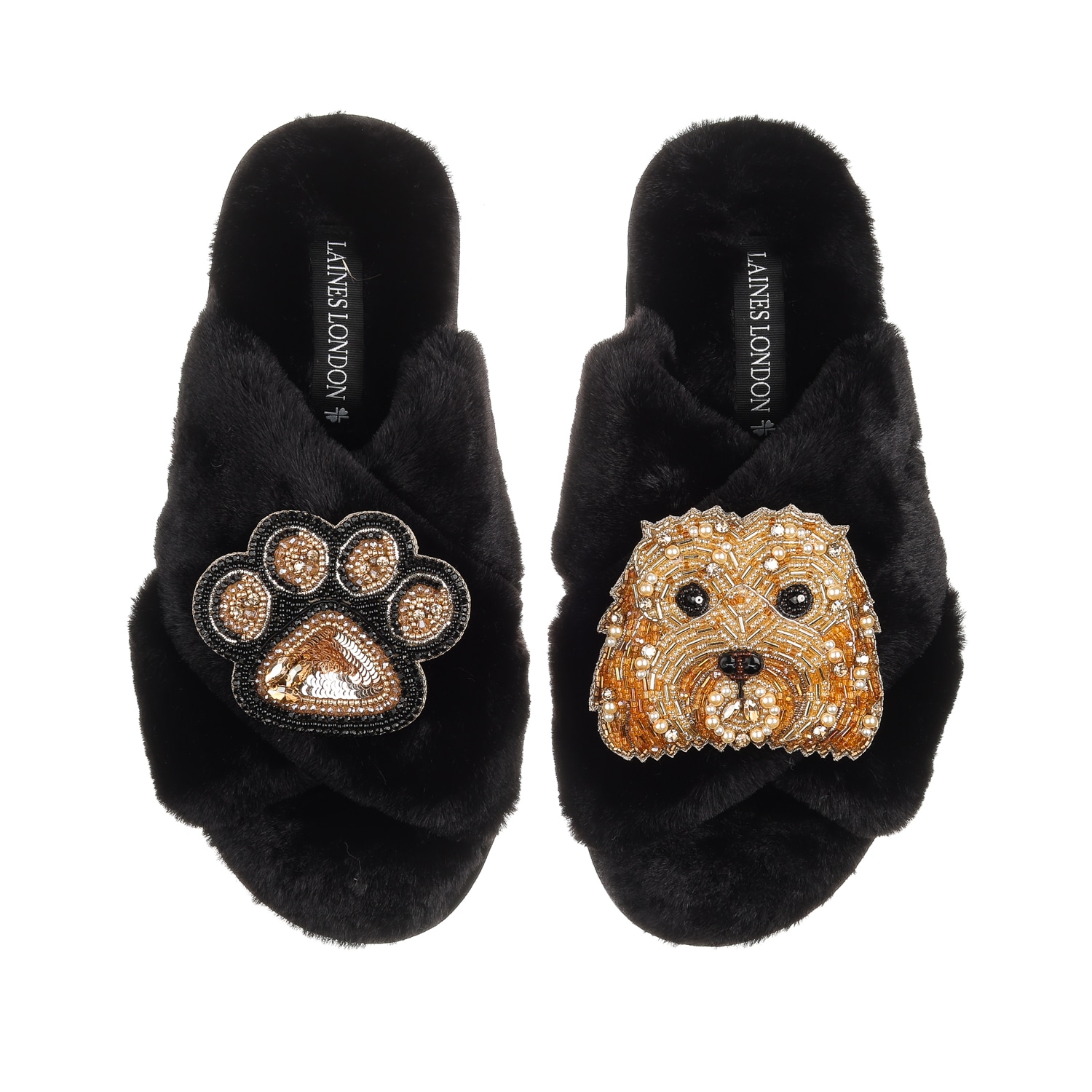 Laines London Women's Classic Laines Slippers With Enki Doo & Paw Brooches - Black In Black