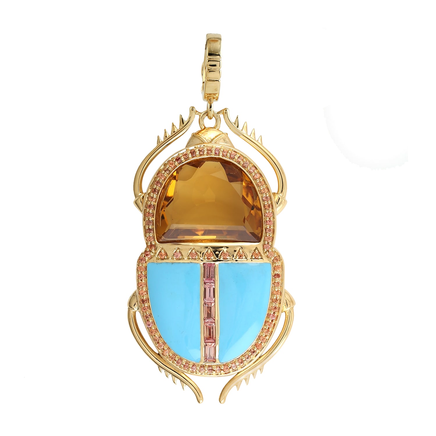 Women’s Citrine & Baguette Pink Sapphire Gemstone With 18K Gold In Scarab Charm Enamel Pendant Artisan