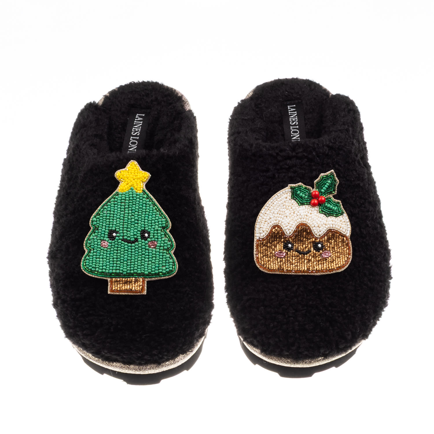 Laines London Women's Teddy Closed Toe Slippers With Christmas Lovable Pudding & Tree Brooches - Black In Black