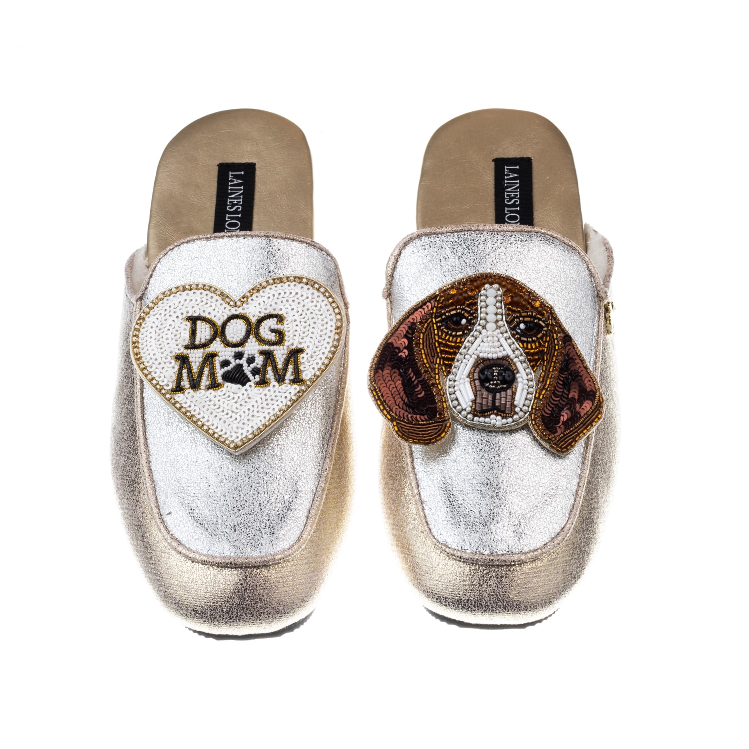Laines London Women's Gold / Silver Classic Mules With Ziggy The Beagle & Dog Mum / Mom Brooches - Silver & Gold In White