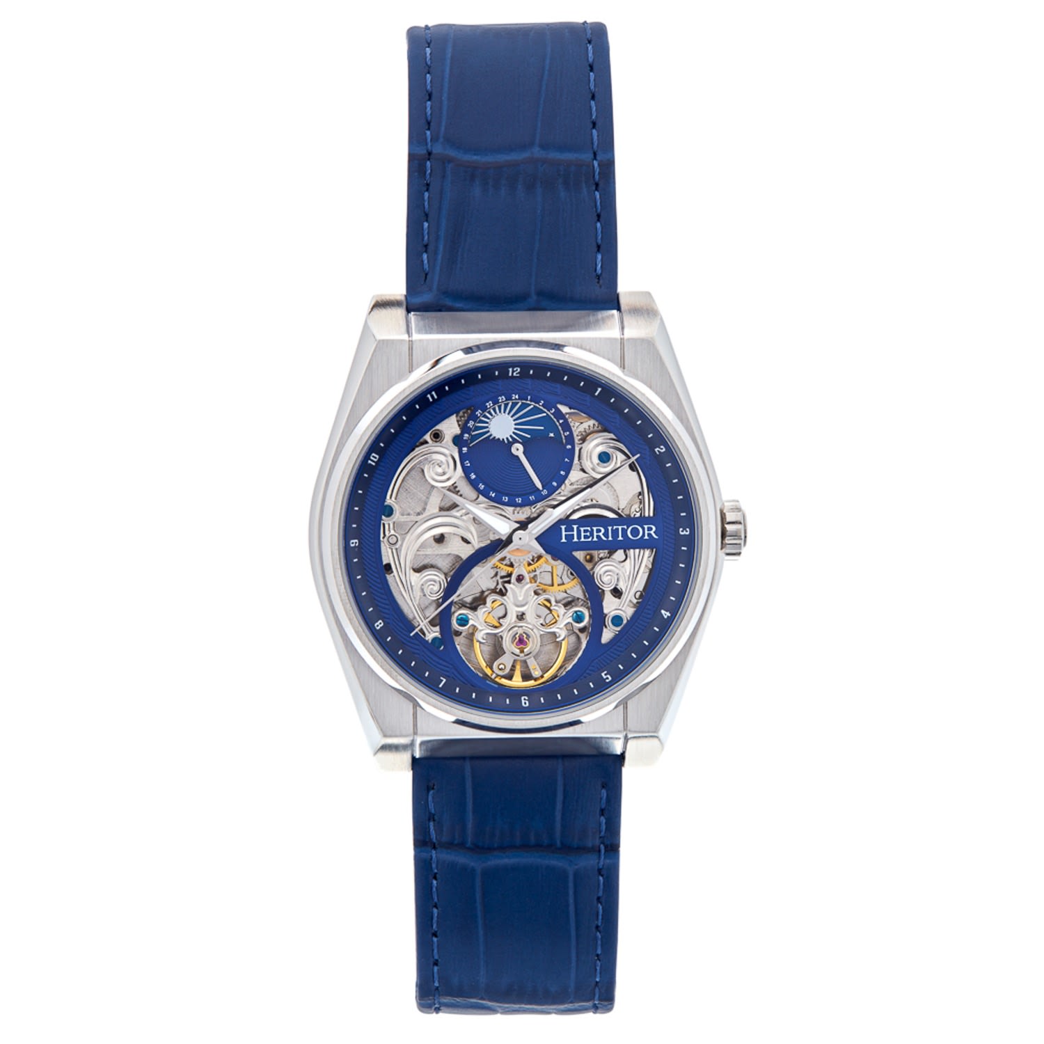 Men’s Blue / Silver Daxton Leather-Band Skeleton Watch With Moon Phase - Blue, Silver Heritor Automatic