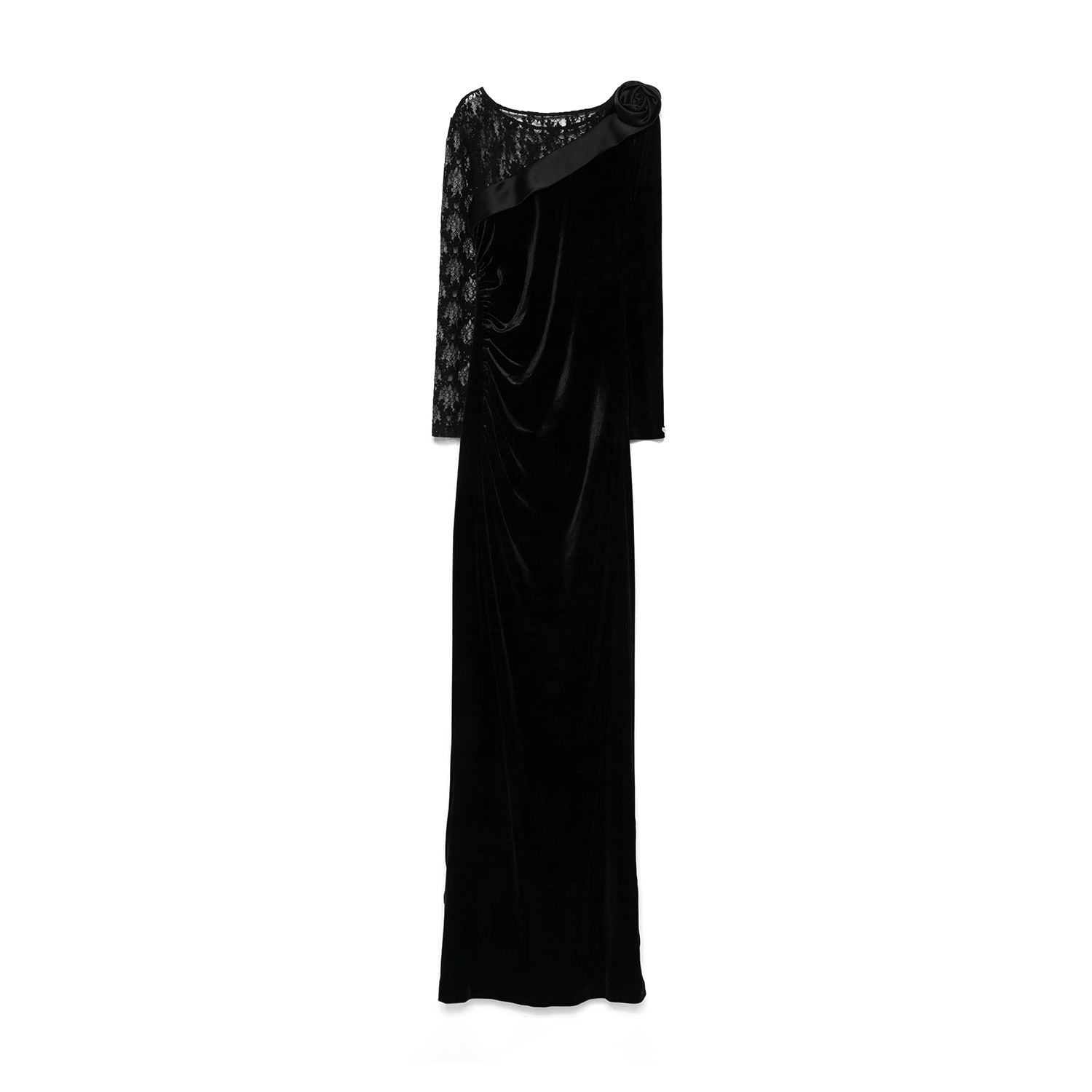 Nissa Women's Black Lace-trim Velvet Maxi Dress