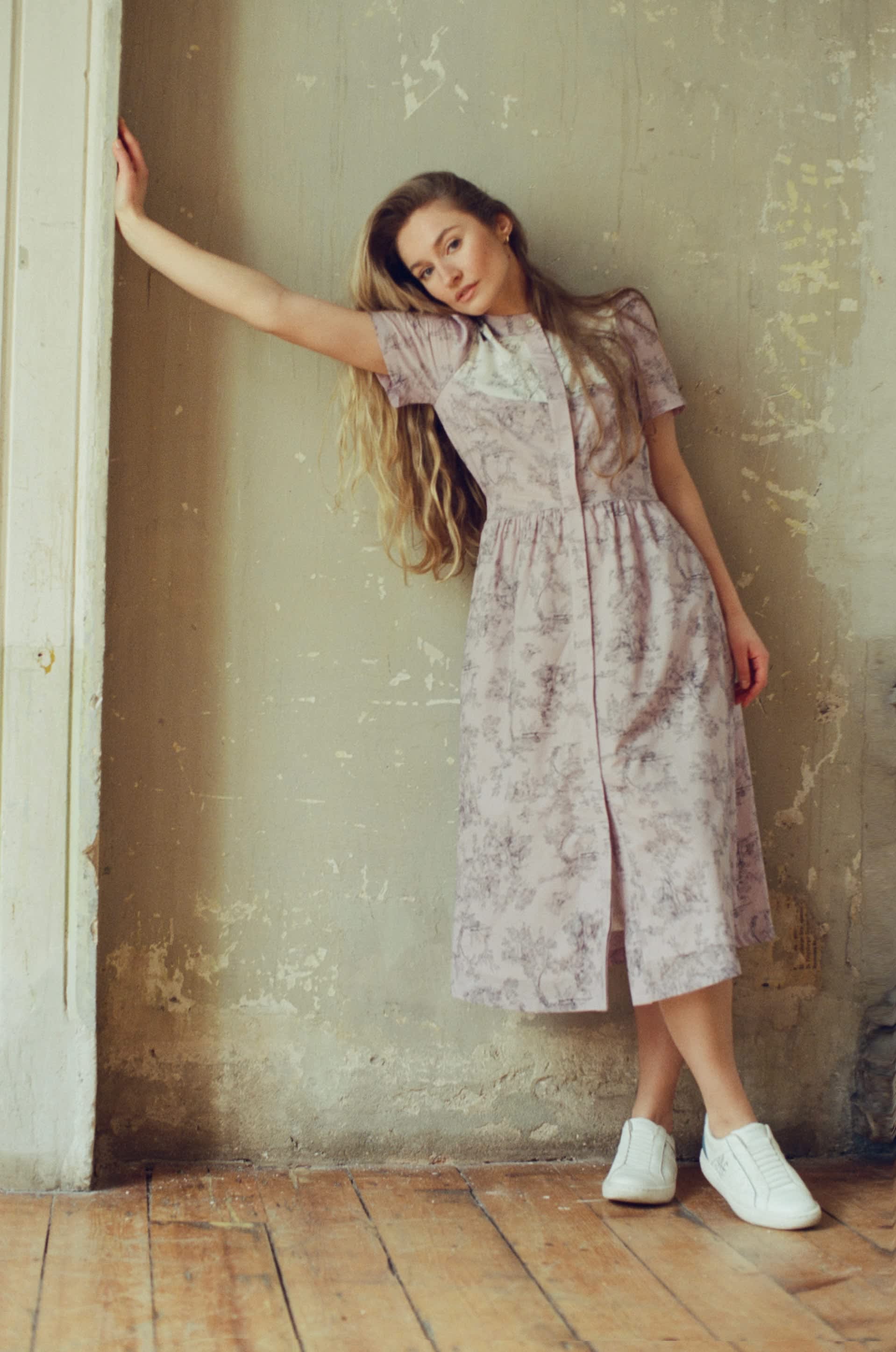 Clover Shirt Dress In Lilac + Vintage White Toile Print