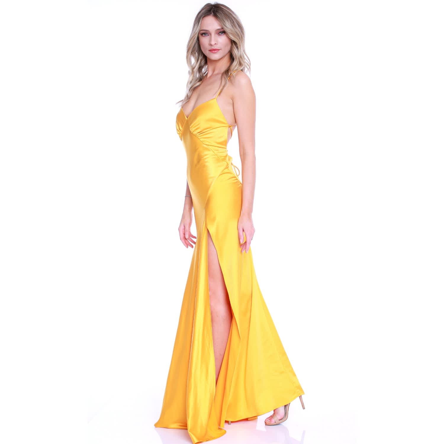 Seville Satin Maxi Dress In Yellow | ROSERRY | Wolf & Badger