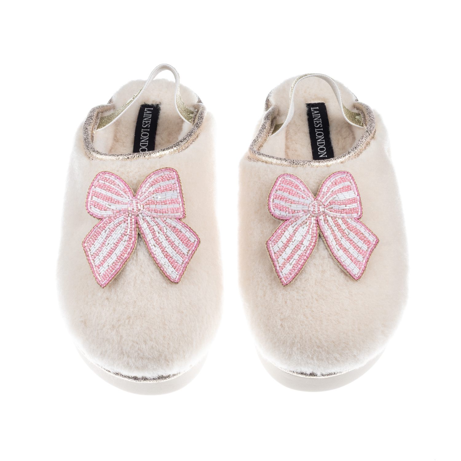 Women&rsquo;s Gold / Neutrals / White Flatform Cloud Closed Toe Slippers With Pink Stripe Bow Brooches - Cream | Small | Laines London