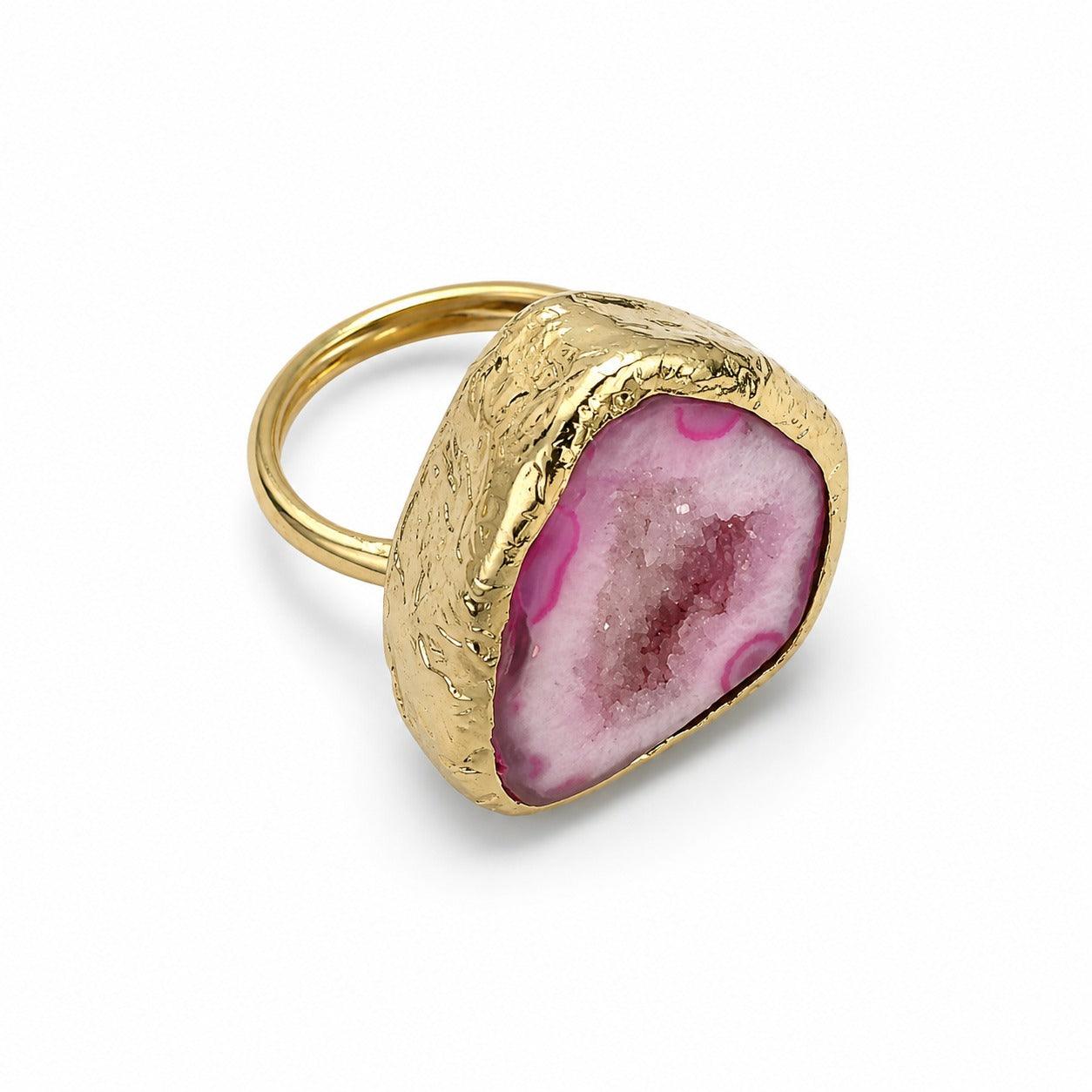 Women's Pink / Gold Pink Druzy Gold Plated Adjustable Ring - Pink | By Ozge