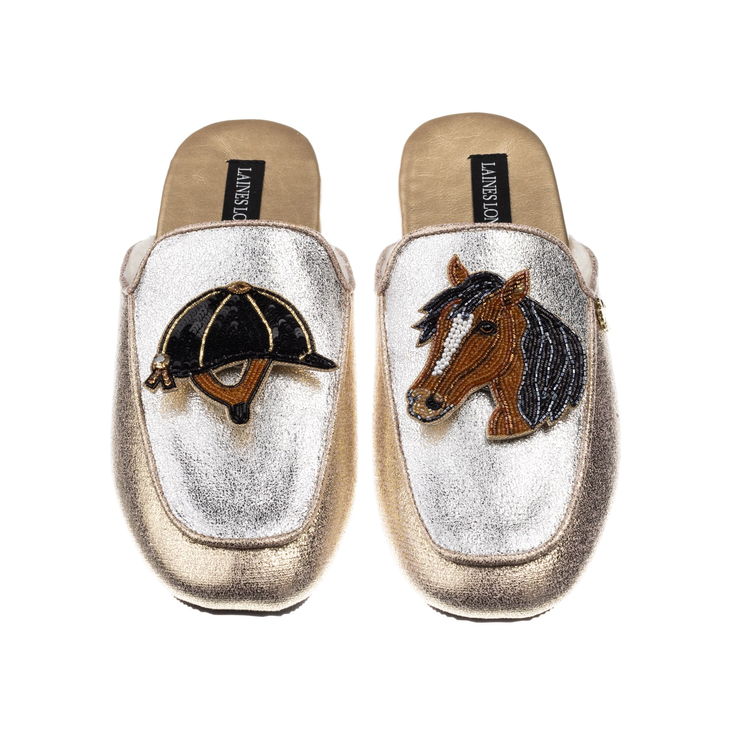Laines London Women's Gold / Silver Classic Mules With Horse & Riding Hat Brooches - Silver & Gold In Gold/silver