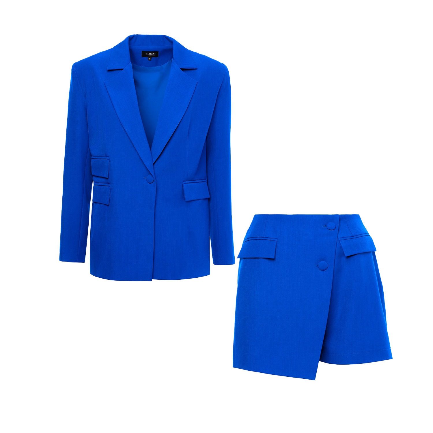 Bluzat Women's Electric Blue Suit With Regular Blazer With  Double Pocket And Skort In Blue