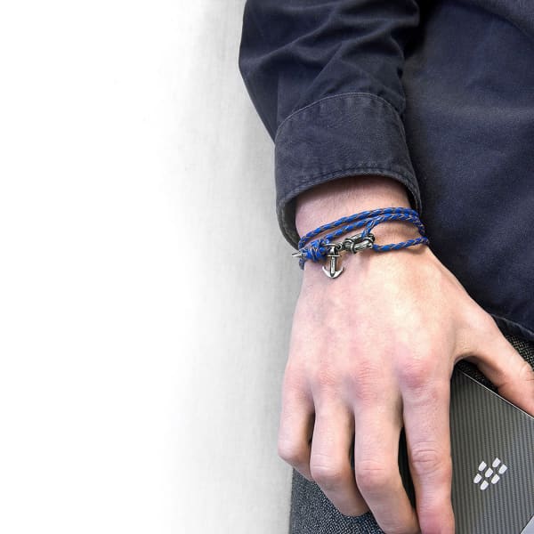 Anchor & Crew Royal Blue Clyde Anchor Silver And Braided Leather Bracelet