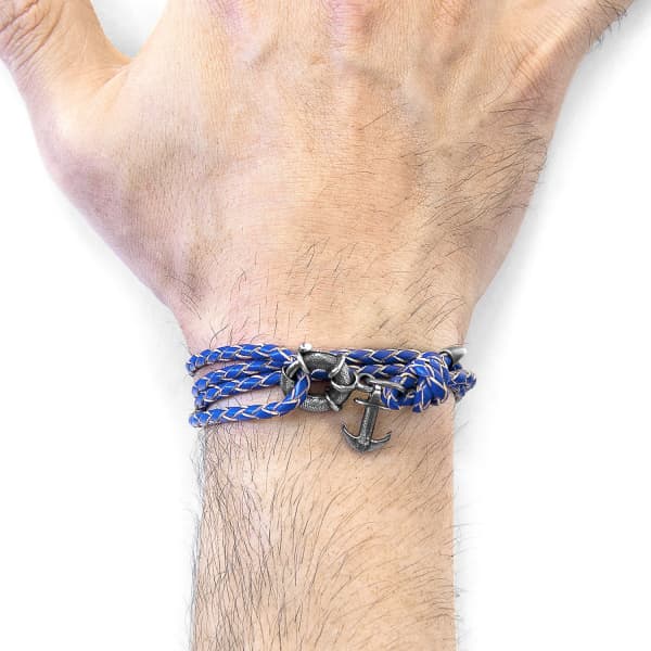Anchor & Crew Royal Blue Clyde Anchor Silver And Braided Leather Bracelet