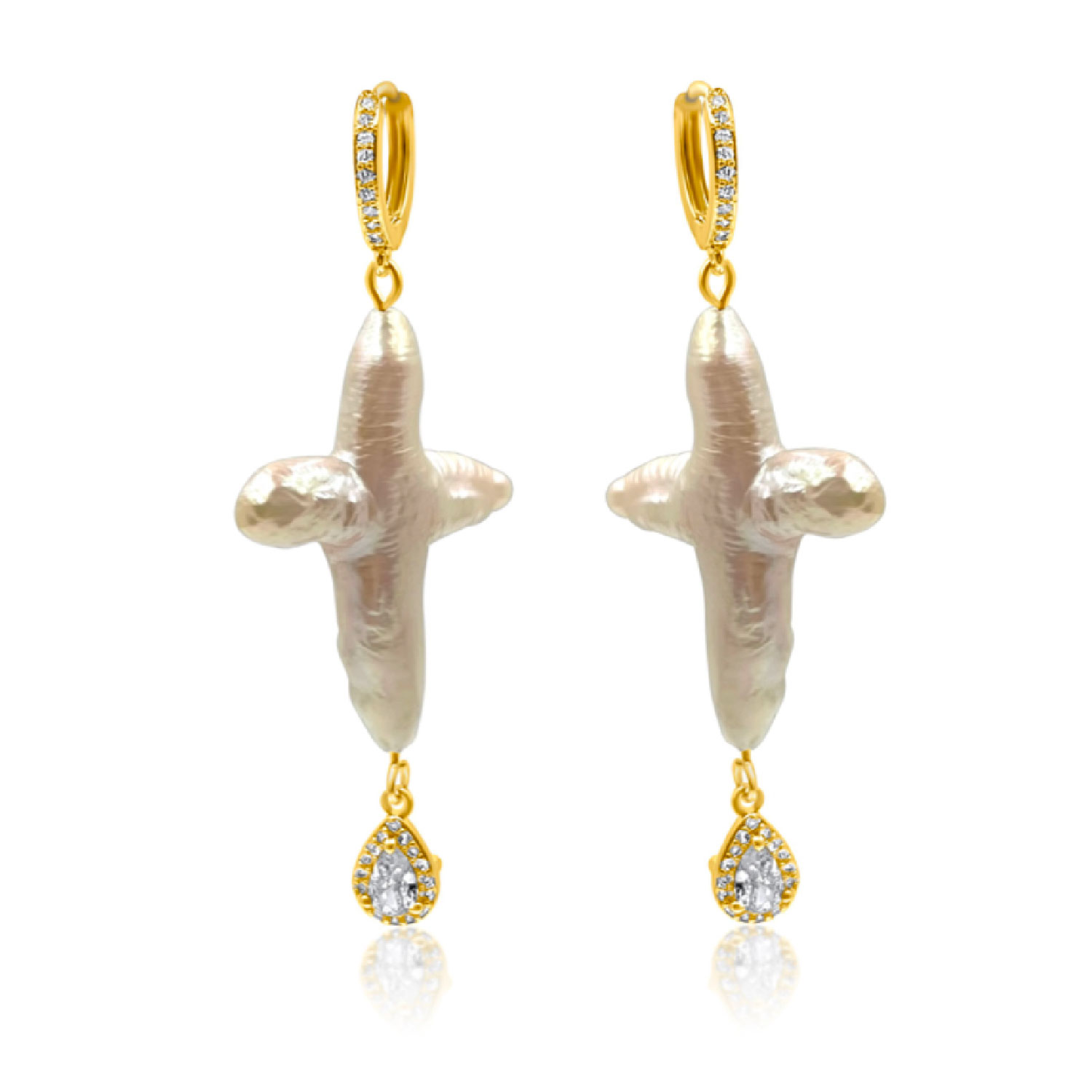 Women’s White / Gold Pearl Cross Gold Earrings Androhmeda Jewelry