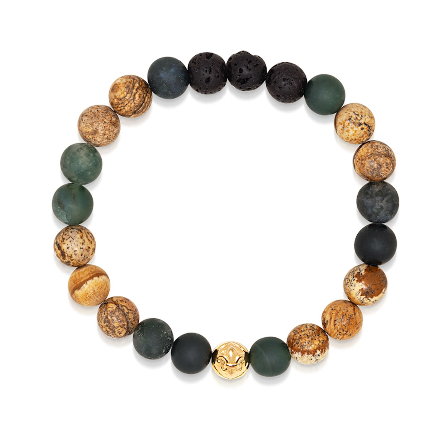 Nialaya Black / Gold / Green Mens Wristband With Jasper, Lava Stone, Matte Aquatic Agate And Gold In Brown