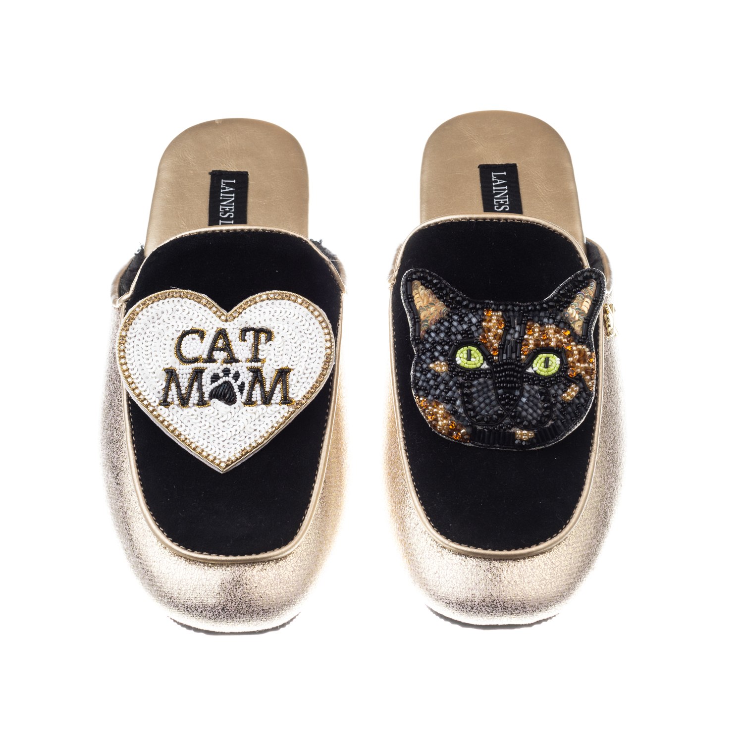 Women’s Black / Gold Classic Mules With Misty The Tortoise Shell Cat & Cat Mum / Mom Brooches - Black & Gold Extra Large Laines London