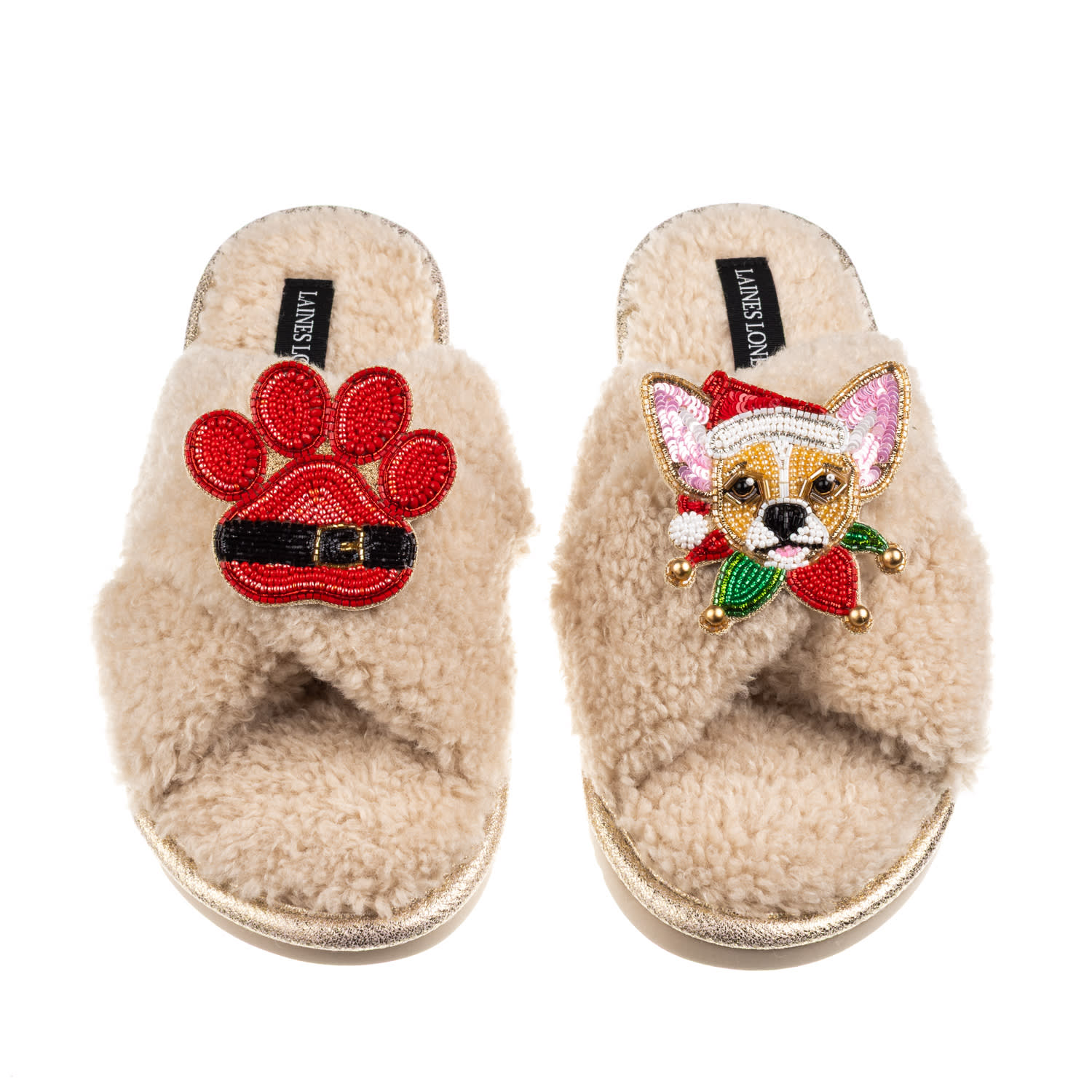 Laines London Women's Brown / Neutrals Laines Boucle Slippers With Christmas Chihuahua & Paw Brooches - Oatmeal In Brown