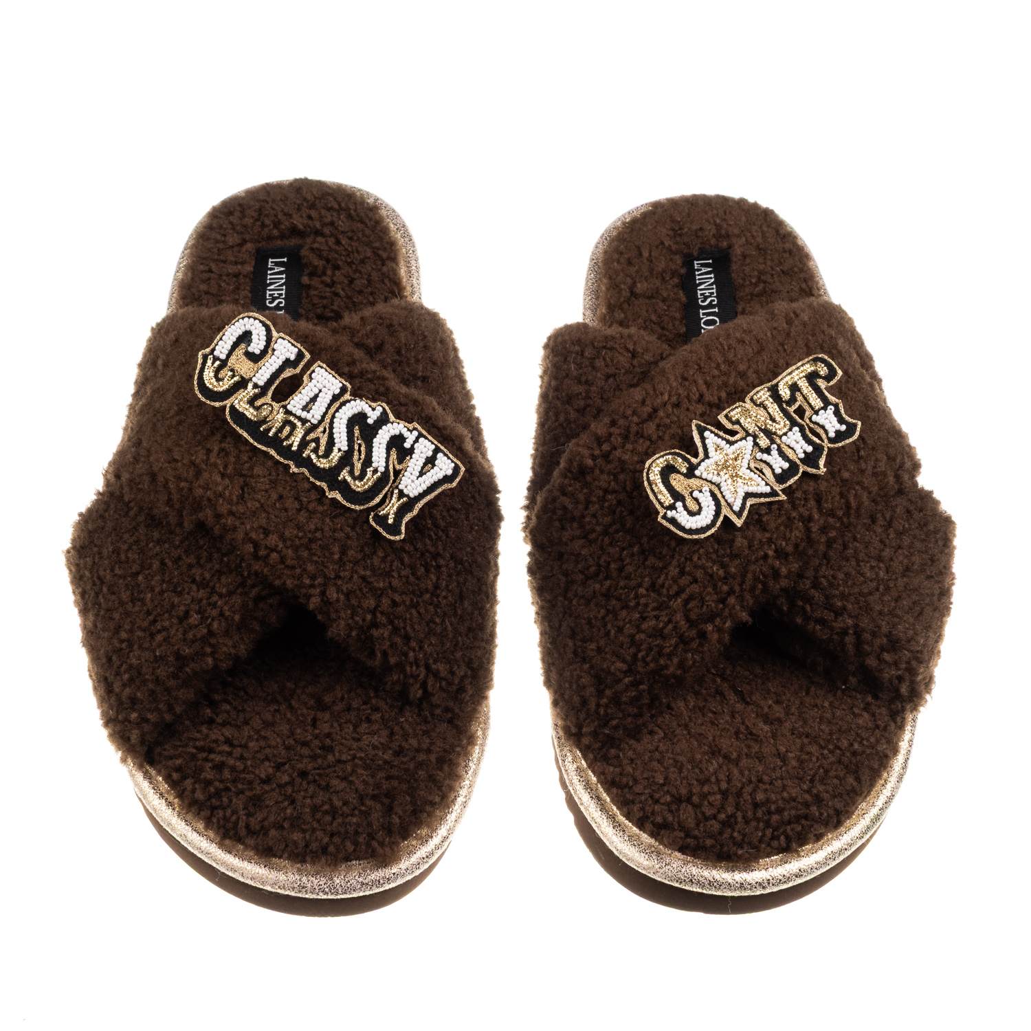 Laines London Women's Brown / Neutrals Laines Neutral Boucle Slippers With Classy Cunt Brooches - Chocolate In Brown