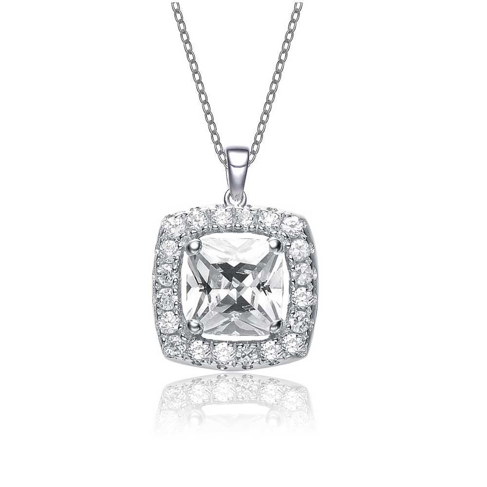 Genevive Jewelry Women's White / Silver Sterling Silver Cubic Zirconia Square Shape Pendant Necklace In Multi