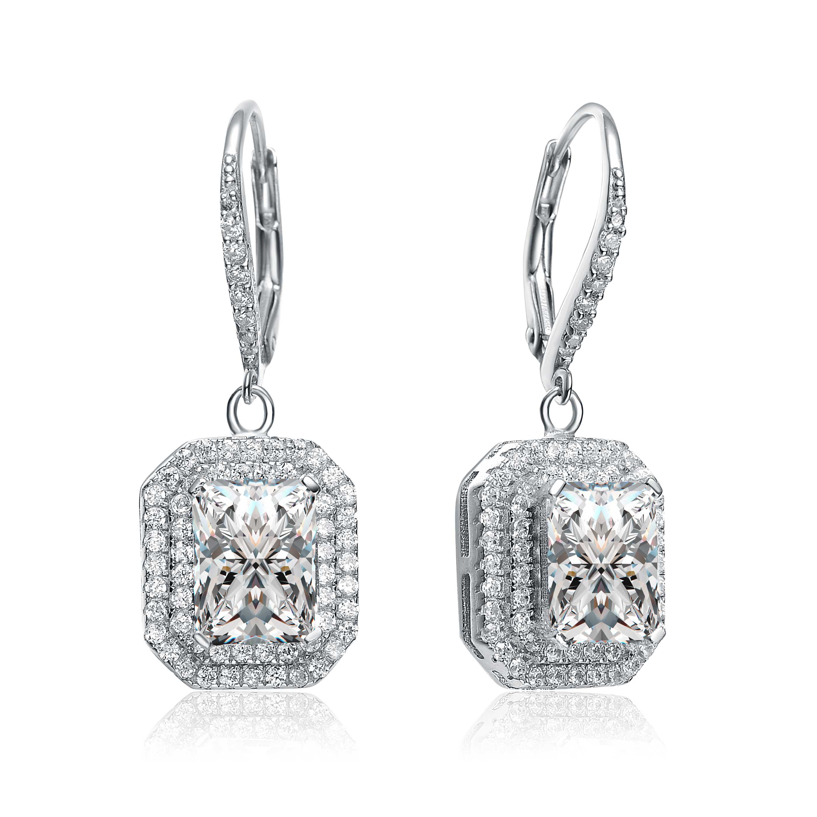 Genevive Jewelry Women's White / Silver Cubic Zirconia Sterling Silver Rhodium Plated Rectangle Earrings In Multi