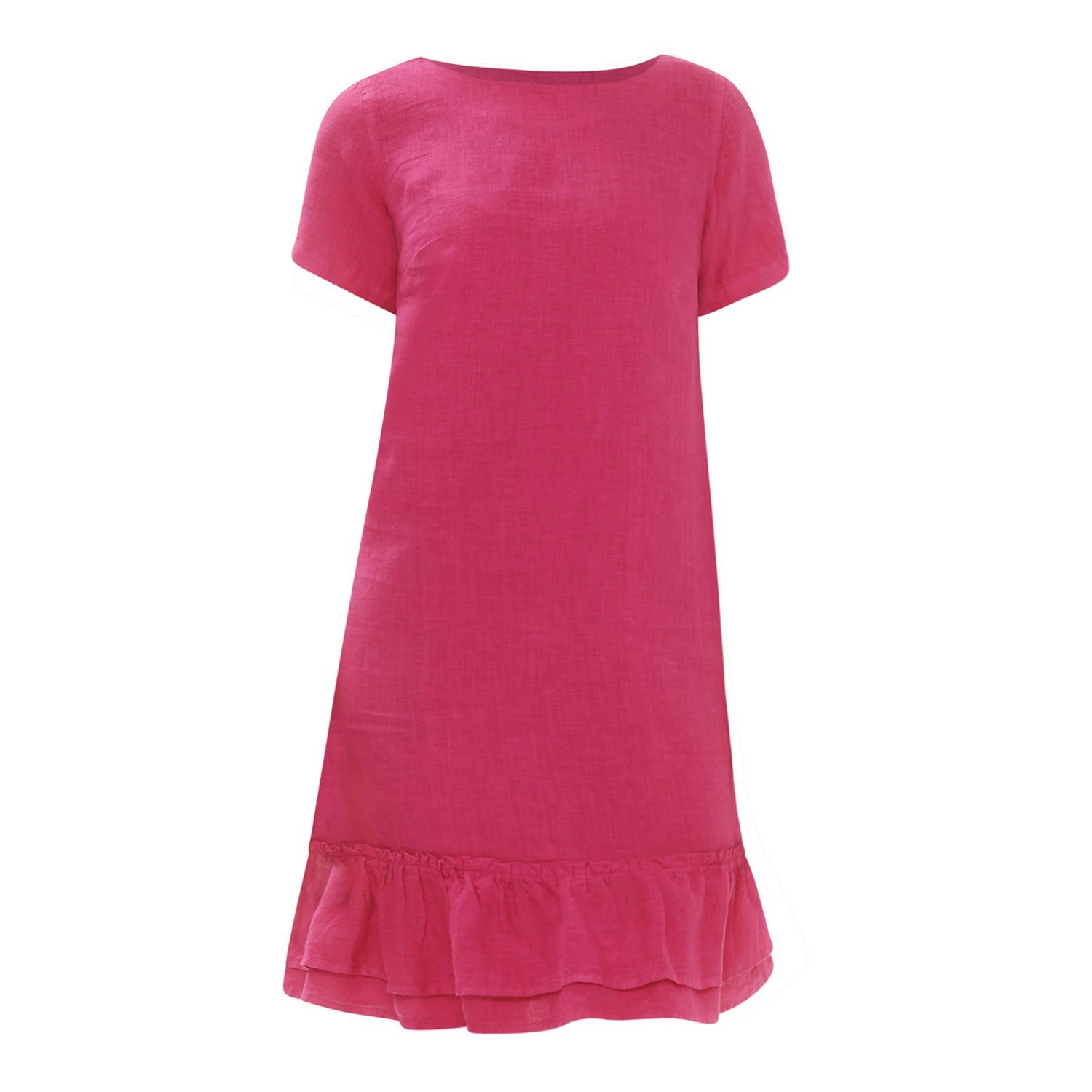 Haris Cotton Women's Pink / Purple Ruffle Hem Linen Dress With Short Sleeves - Fuchsia