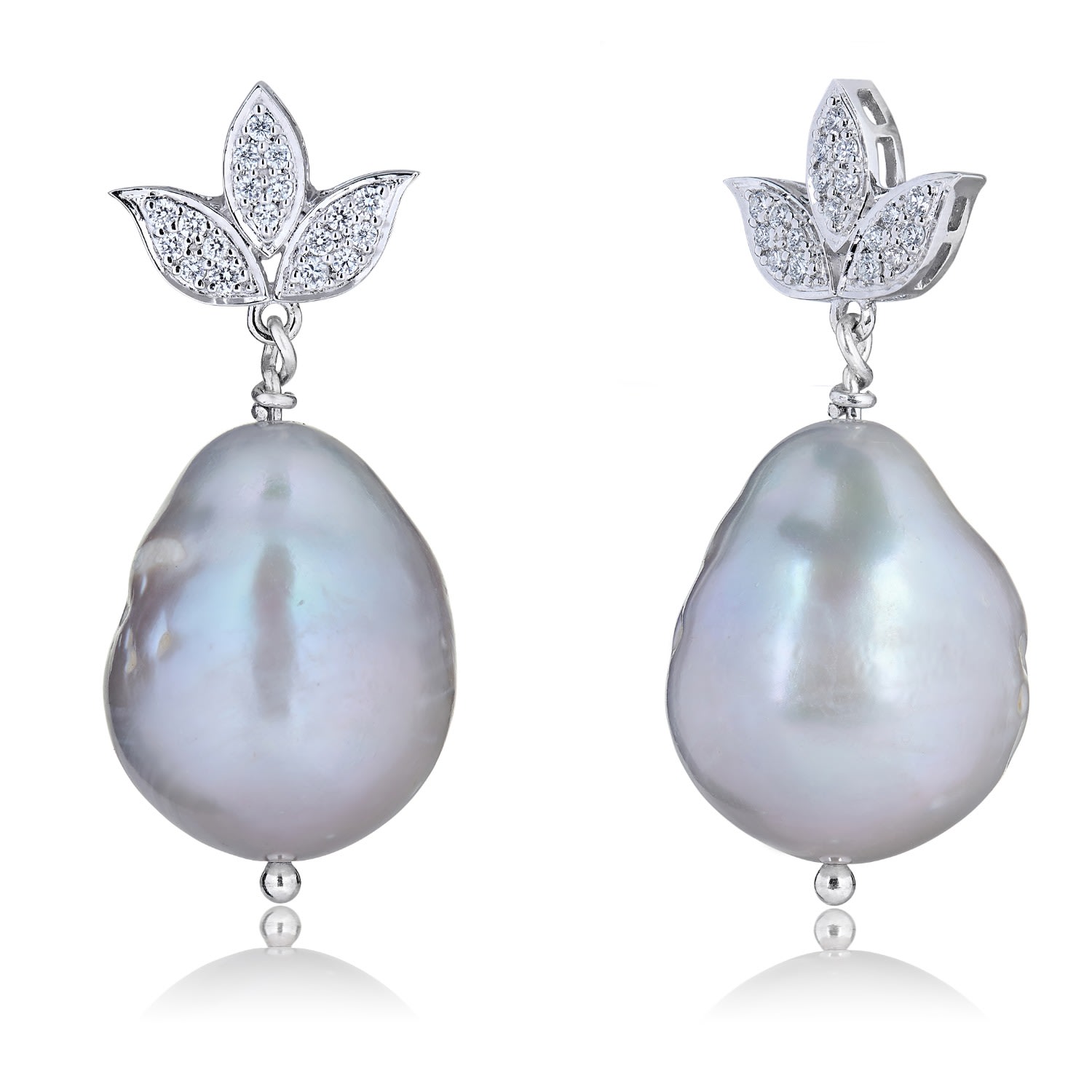 Kaizarin Women's South Sea Pearl Earrings & Lotus Diamond Earrings In White Gold In White