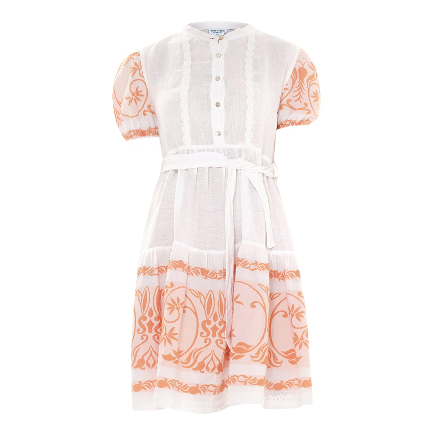 Haris Cotton Women's Half Button Belted  Linen Dress With Embroidered Cotton Panel - White Orange In White