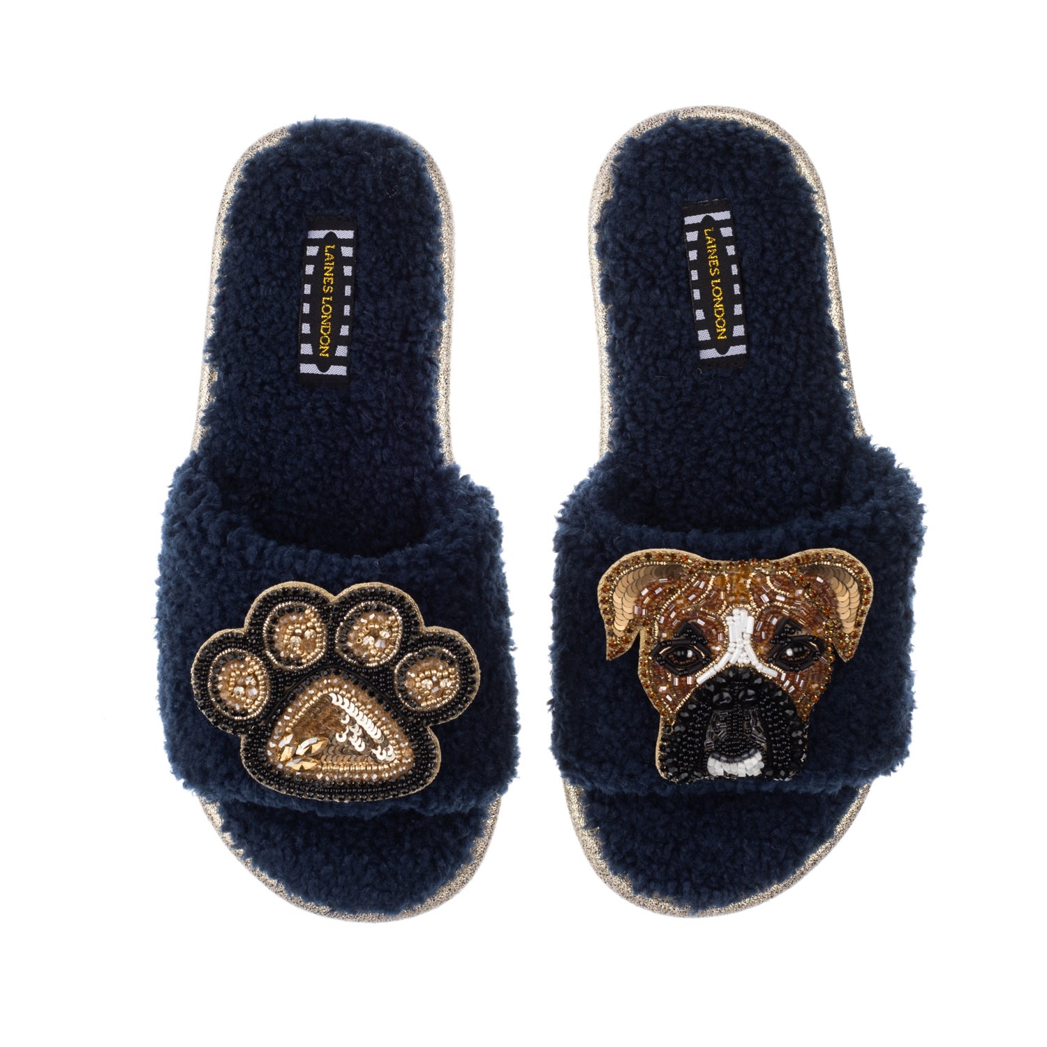 Women’s Blue Teddy Towelling Slipper Sliders With Pip The Boxer & Paw Brooches - Navy Medium Laines London