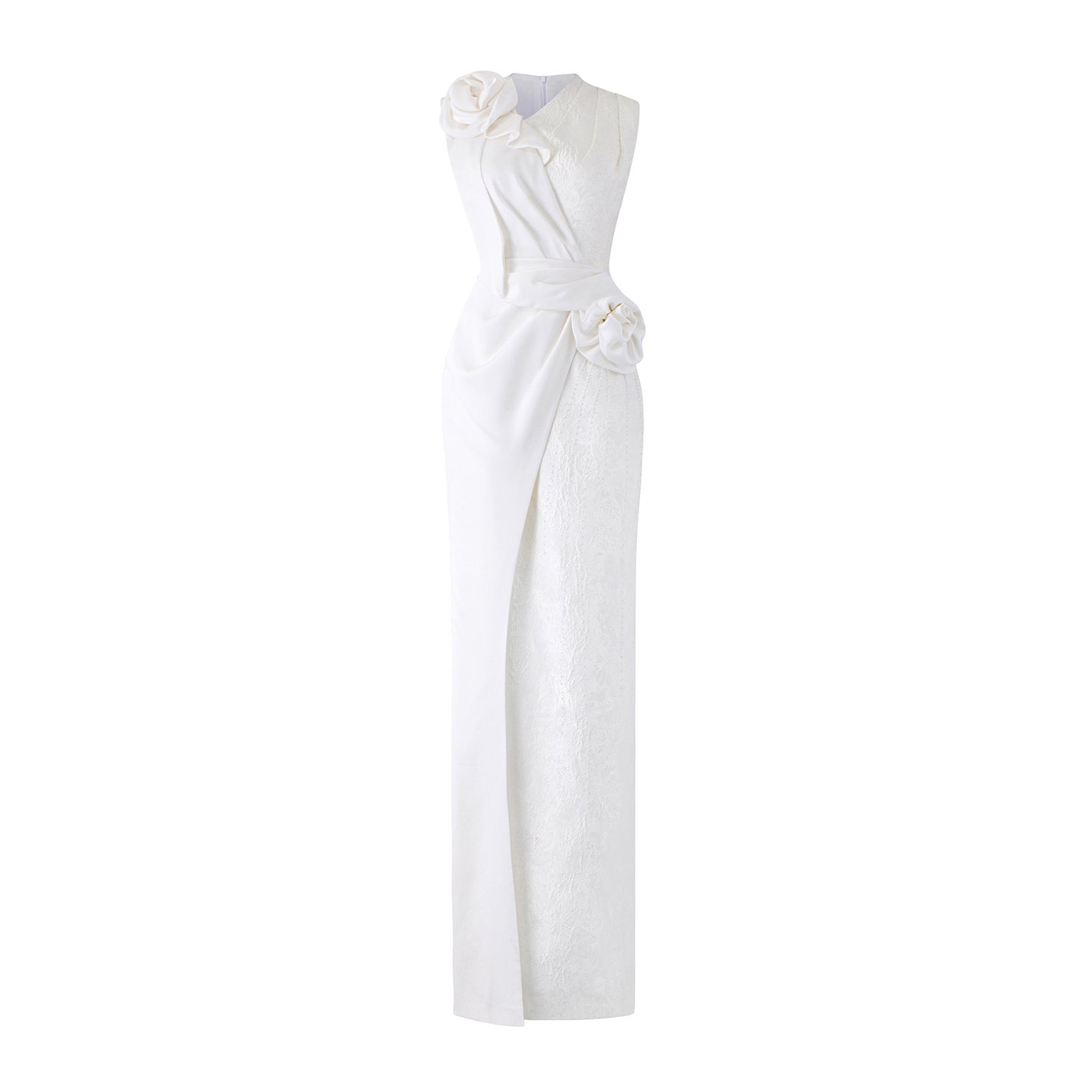 Women’s White Jacquard Gown With Draped Satin Roses Small I. h.f Atelier