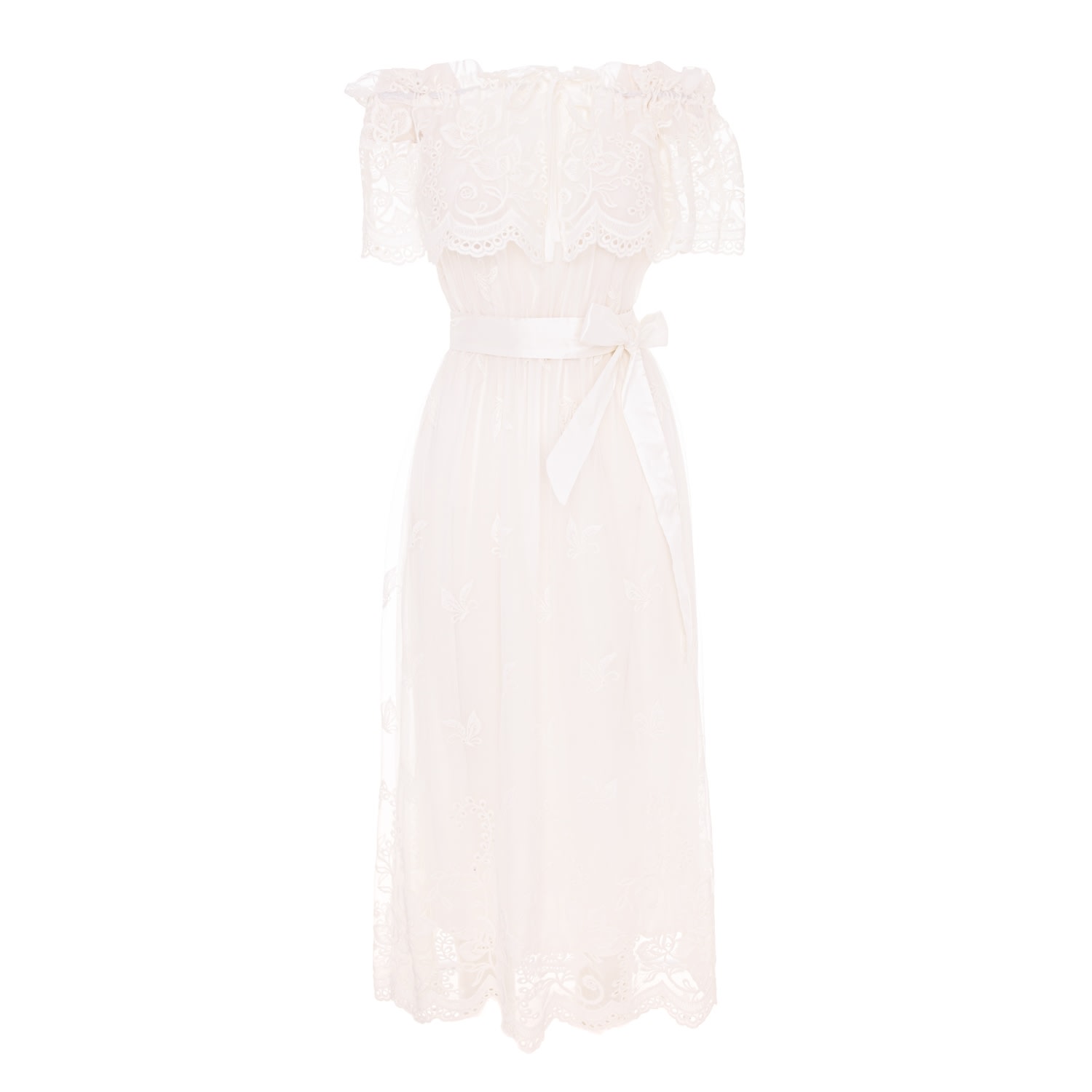 Women’s White Midi Viscose Dress With Floral Lace And Cropped Shoulders Extra Large Izabela Mandoiu