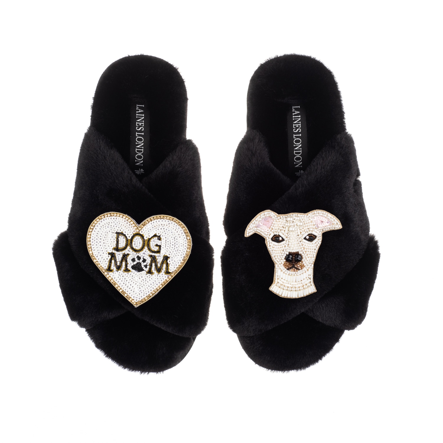 Laines London Women's Classic Laines Slippers With Olive The Italian Greyhound  & Dog Mum / Mom Brooches - Black In Black