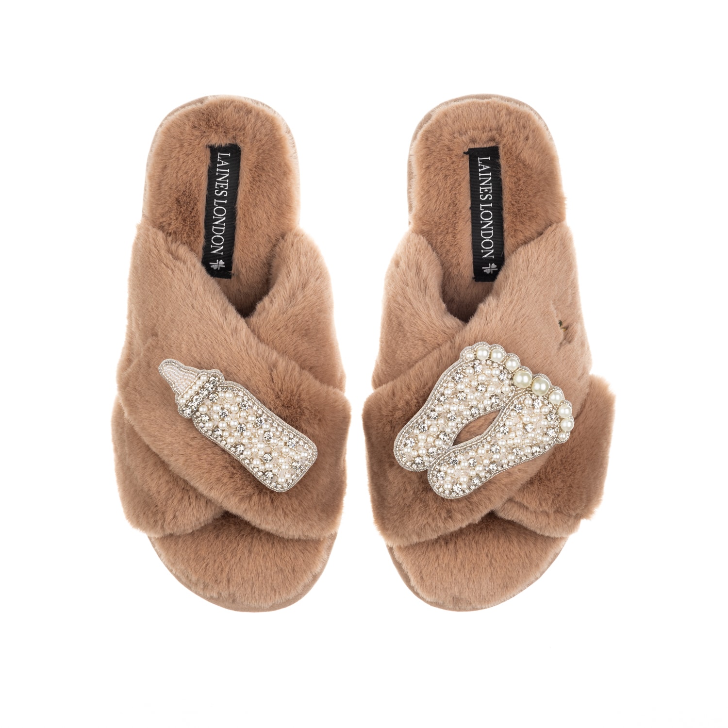 Laines London Women's Brown / Neutrals Classic Laines Slippers With Pearl New Baby Brooches - Toffee In Brown