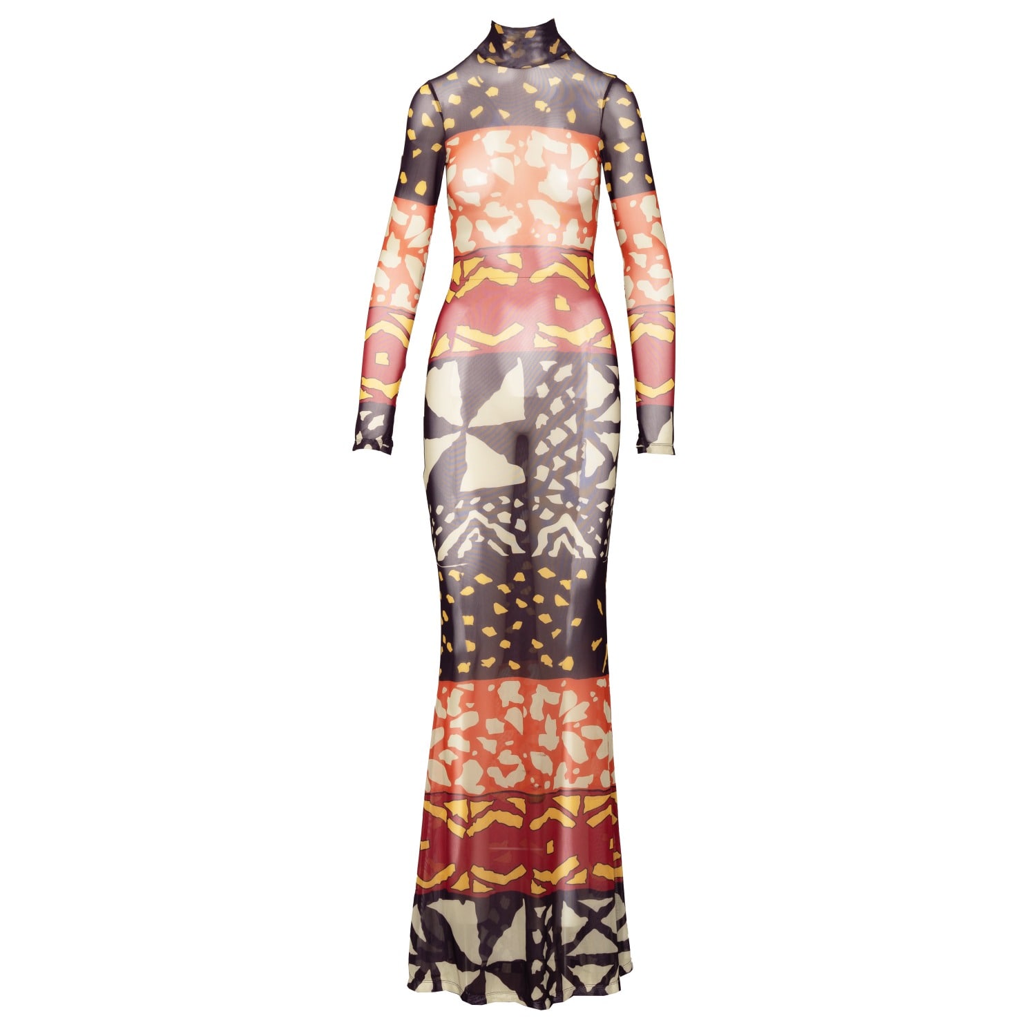 Ofuure Women's Yellow / Orange / Red Anu Burgundy Long Sleeve Maxi Mesh Dress In Yellow/orange/red