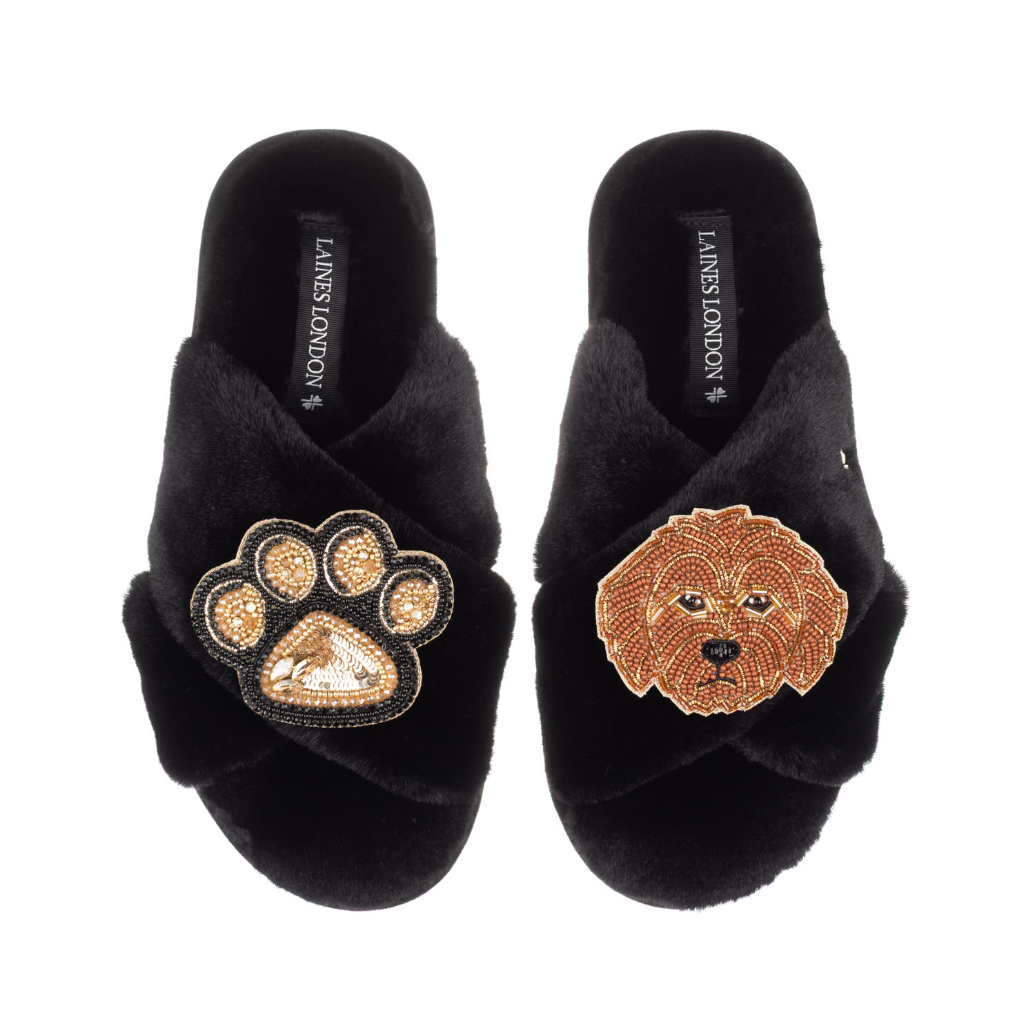 Laines London Women's Classic Laines Slippers With Paw & Apricot Cockapoo Brooches - Black In Black