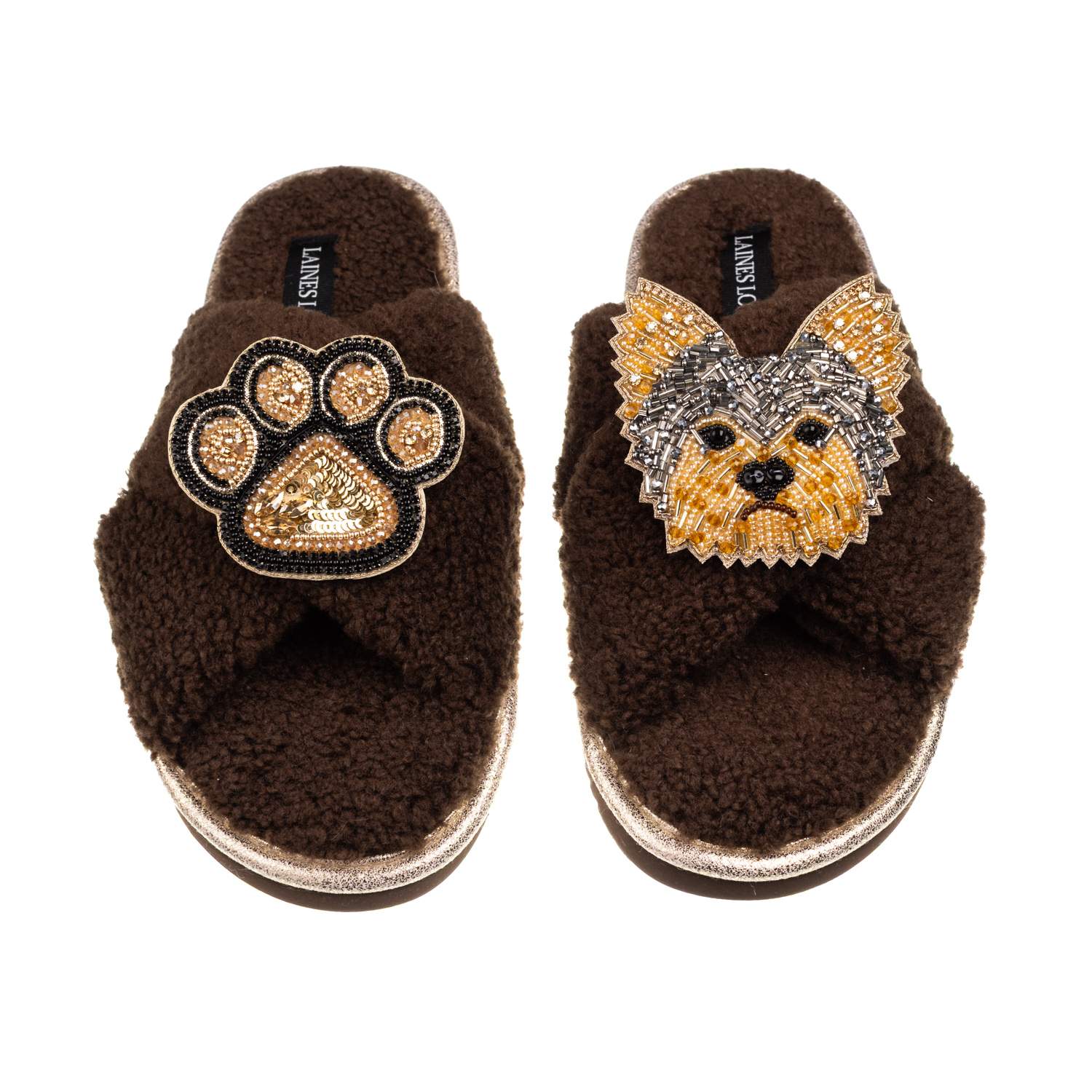 Laines London Women's Brown / Neutrals Laines Neutral Boucle Slippers With Minnie The Yorkie & Paw Brooches - Choc