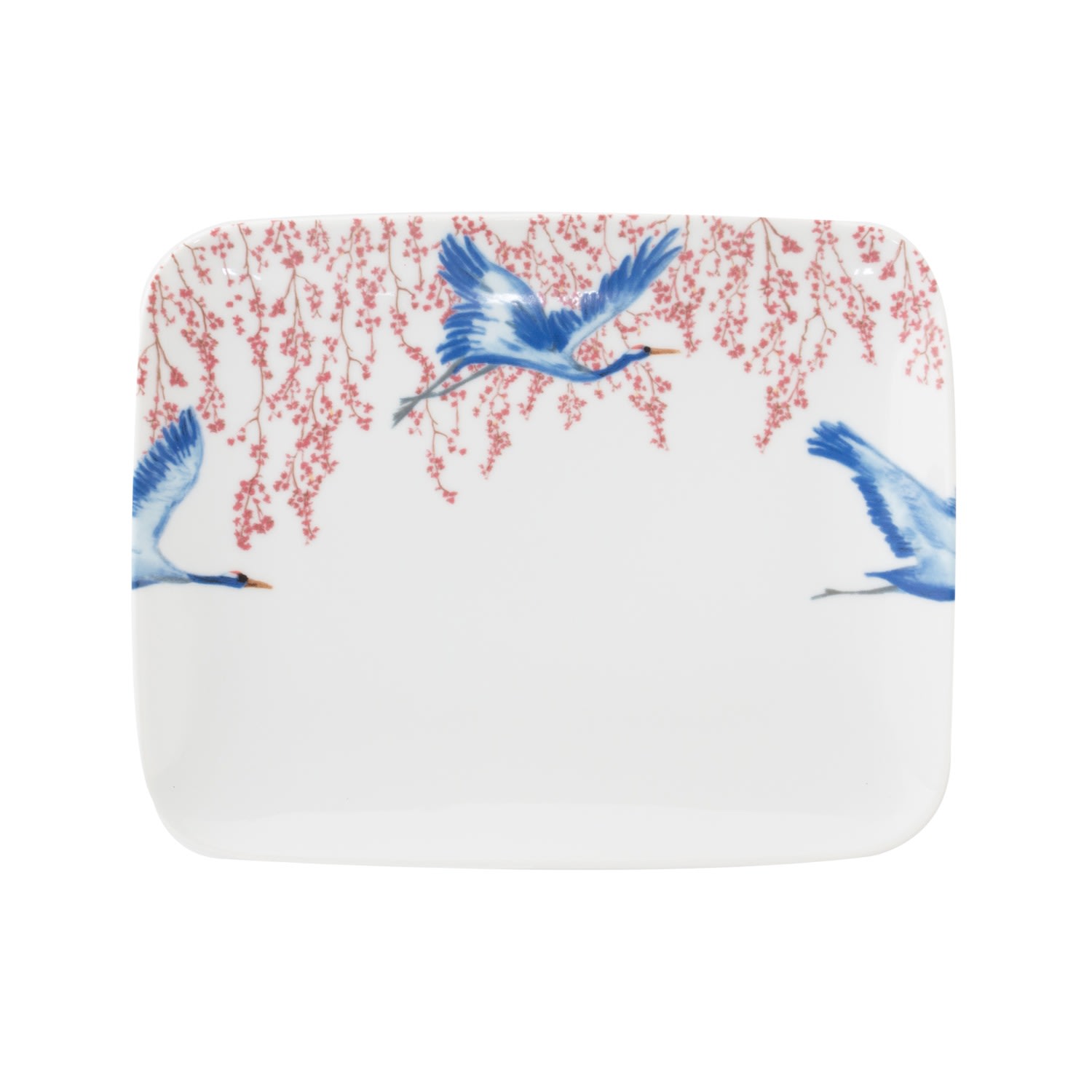 White Rectangle Plate/ Serving Platter - Cherry Blossom & Lucky Cranes Catchii