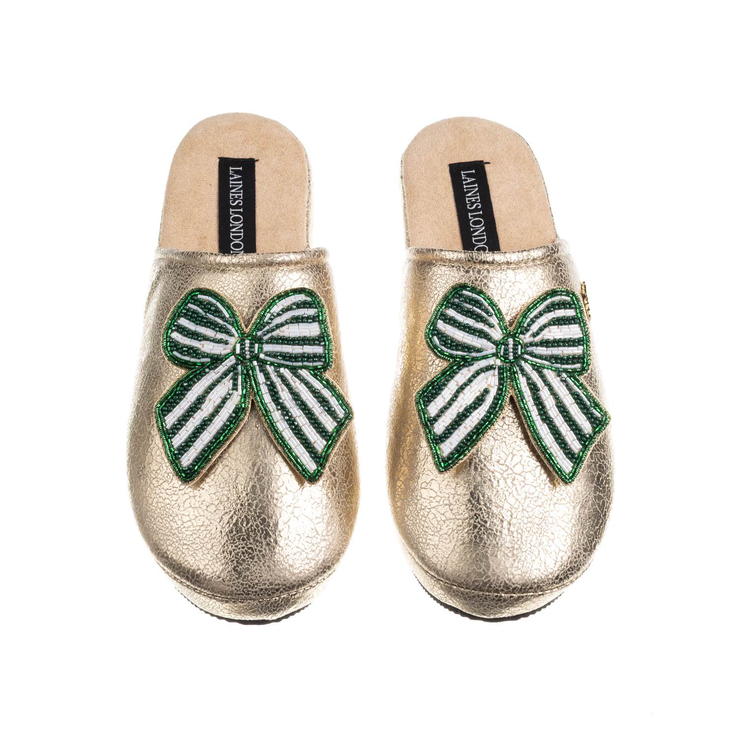 Laines London Women's Gold Softie Slippers With Stripe Green Bow Brooches In Gold